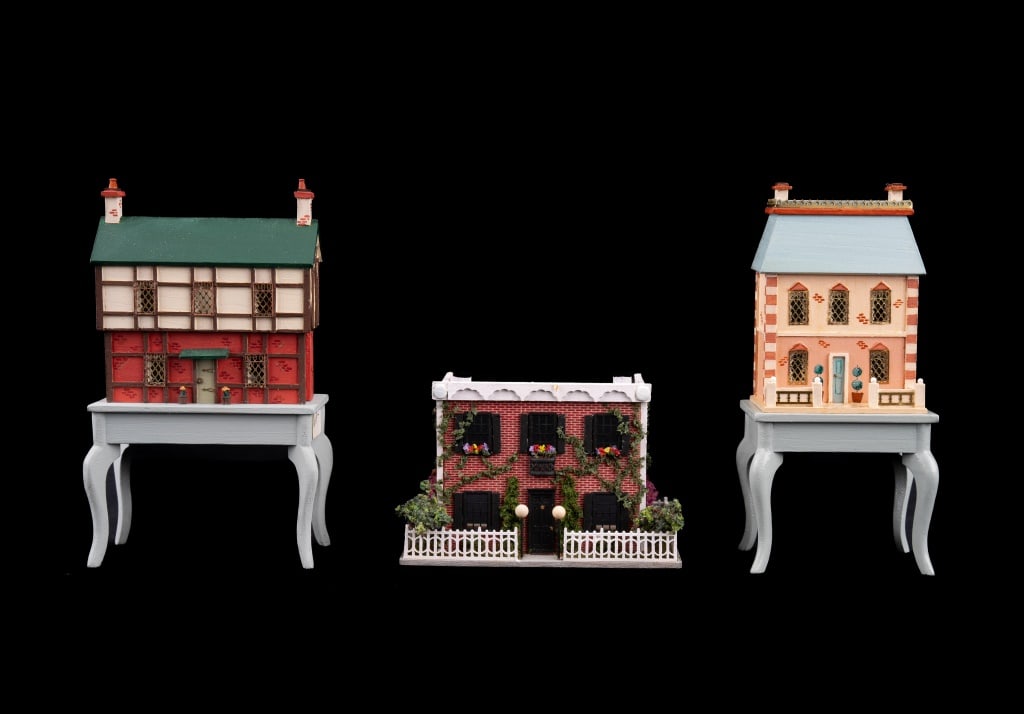 Hemy 1:144 Miniature Dollhouses: 1:144 scale Tudor style furnished table top dollhouse(originally $169) measures approx 4.25" H x 2.25" W x 1" D (probable Hemy). Also includes furnished French Provencal signed "Hemy 01" and English c