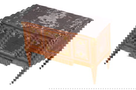 Miniature Buffet Side Board: Buffet side board with inlaid wood and marble top (signed Berbillog).