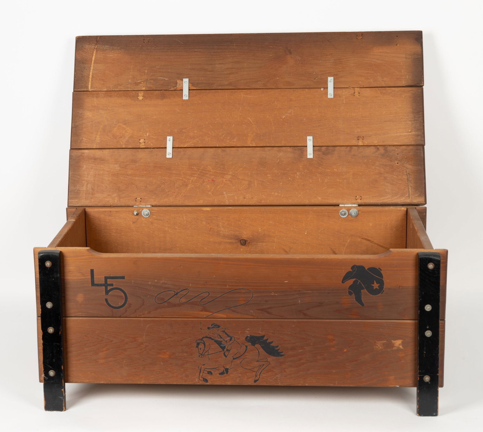 Cowboy Themed Toy Chest: Cowboy themed wooden toy chest measuring approx 14.5" H x 32" L x16.5" D.