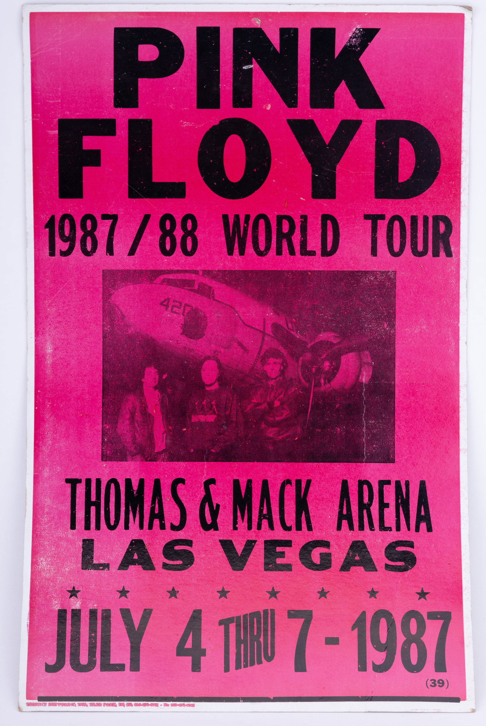 Pink Floyd 1987 Las Vegas World Tour Poster: Vintage Pink Floyd pink 1987 / 88 World Tour poster for July 4 through 7, 1987 in Las Vegas at the Thomas & Mack Arena. Measures approx 21.5 x 13.5". Has a bend in LR and slight in UL.