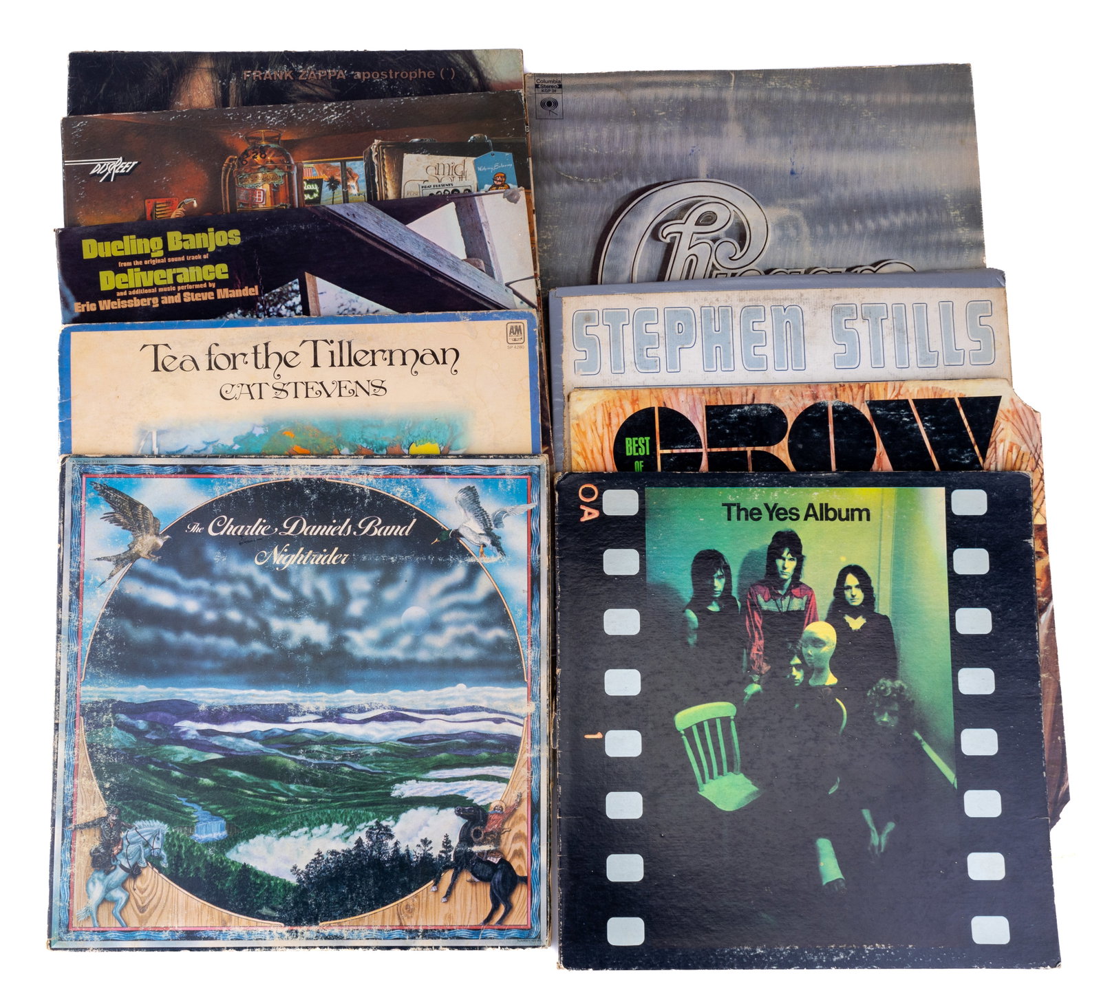Ten Rock & Roll & Other LP Vinyl Albums: Lot includes Dueling Banjos from the Original Soundtrack of Deliverance, Disc Reet, Frank Zappa "Apostrophe" (2), Steven Stills, Chicago, The Best of Crow, Cat Stevens "Tillerman", Charlie Daniels Ban