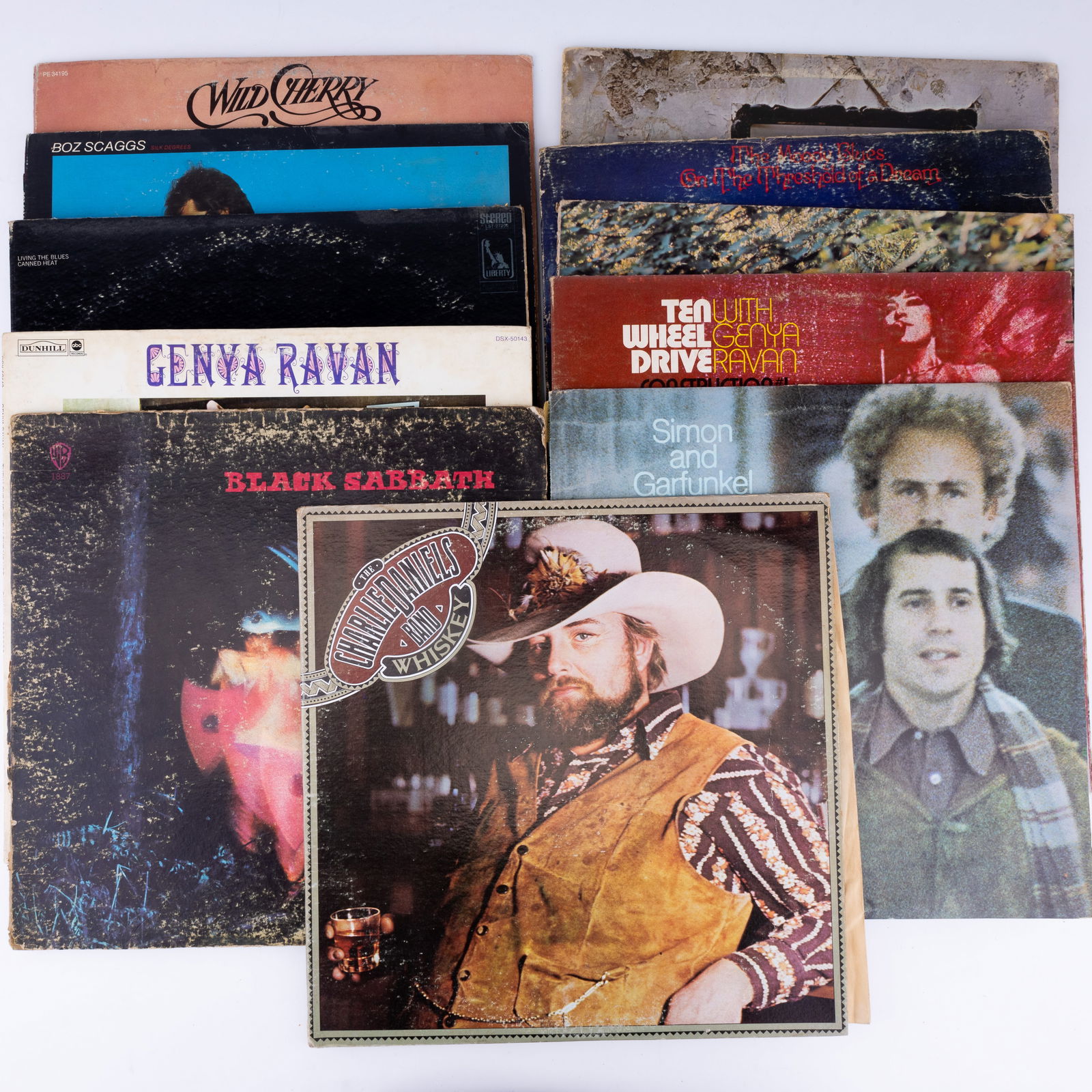 Ten Rock & Roll & Other LP Vinyl Albums: Lot includes Wings "Wild Life", Charlie Daniel's Band "Whiskey", Black Sabbath "Paranoid", Genya Ravan "The Love Me" and "Ten Wheel Drive", Canned Heat "Living the Blues", Boz Scaggs, Wild Cherry, Sim
