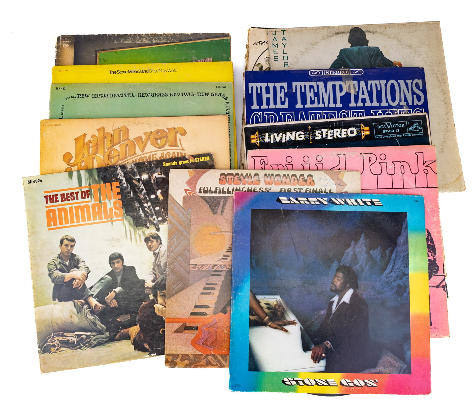 11 Rock & Roll & Other LP Vinyl Albums: Lot includes Barry White "Stone Gon", Stevie Wonder "Fulfillingness First Finale", The Best of the Animals, John Denver "Back Home Again", Frijid Pink (album cover torn), New Grass Revival, Sounds of 