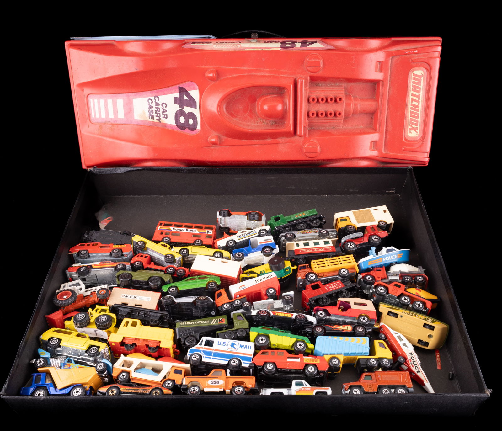 Vintage Hot Wheels, Matchbox and Carrying Case: Approx diecast cars including Hot Wheels, Matchbox and possibly others in Lesney 48 car red carrying case that holds four storage trays.