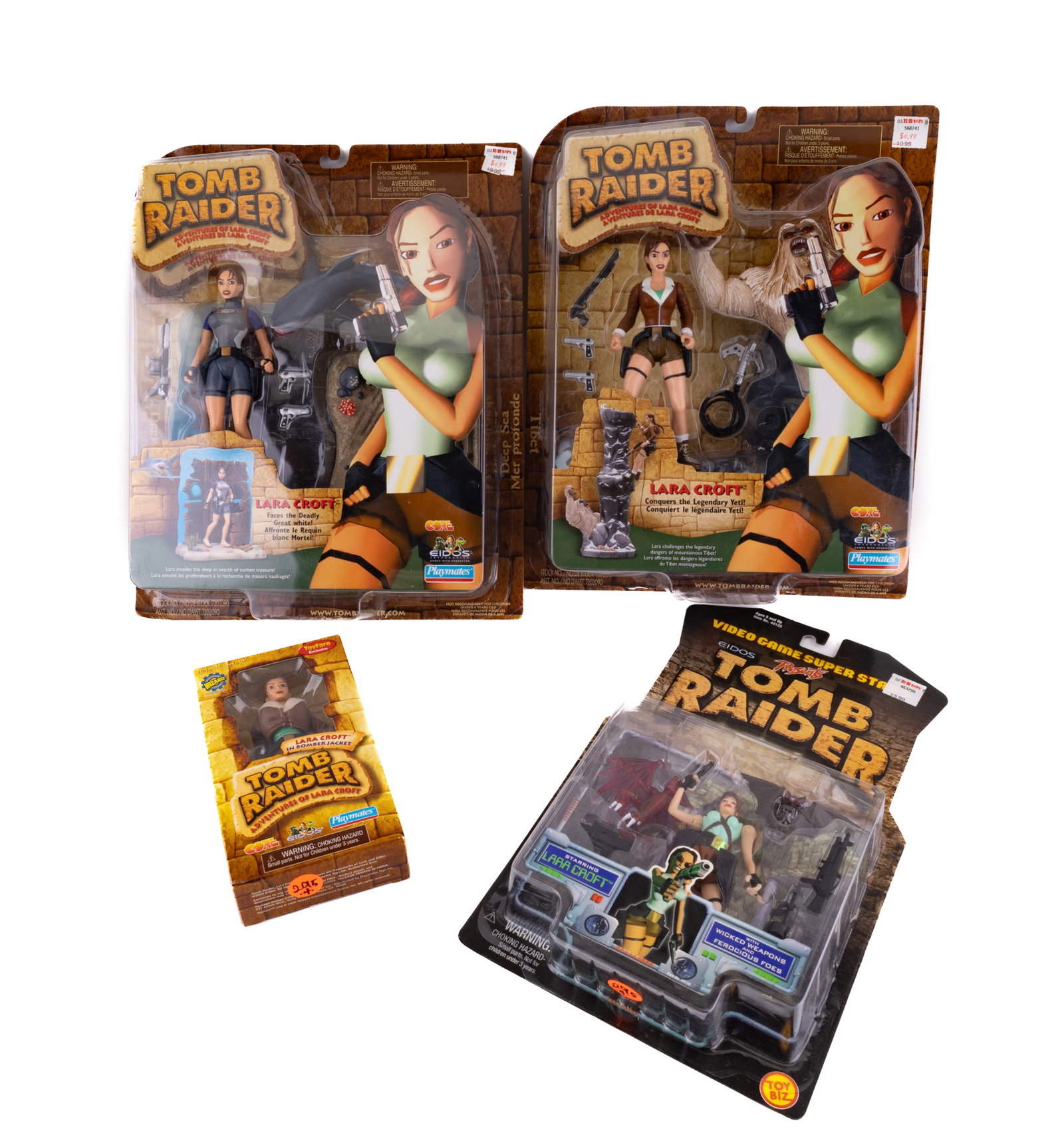 Lara Croft Tomb Raider Action Figures (4): Four Lara Croft Tomb Raider action figures, dated 1997 through 1999. All in original packaging.