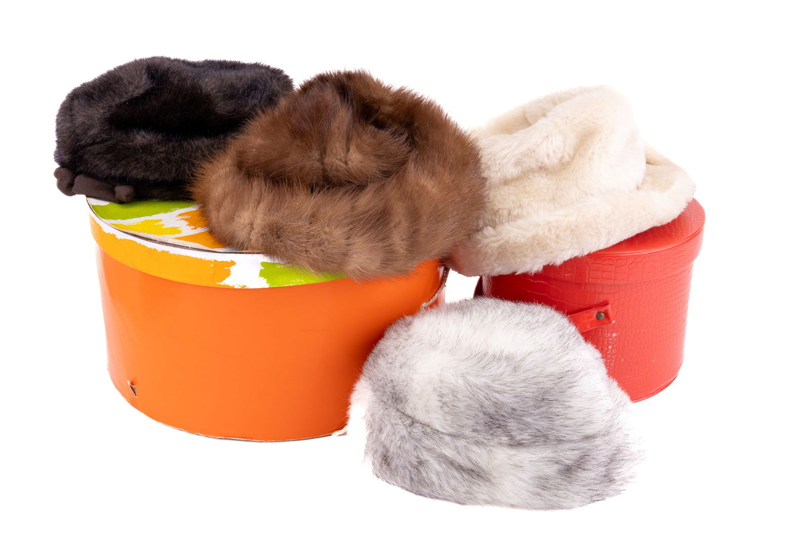 Fur Hat, Faux Fur Hats, Hat Boxes: Vintage Dece Original fur (feels and appears to be mink) hat with elastic band and union label 185598 inside, vintage Louise Chapeaux Genuine Velour pill box hat in black, three faux fur hats (2 white