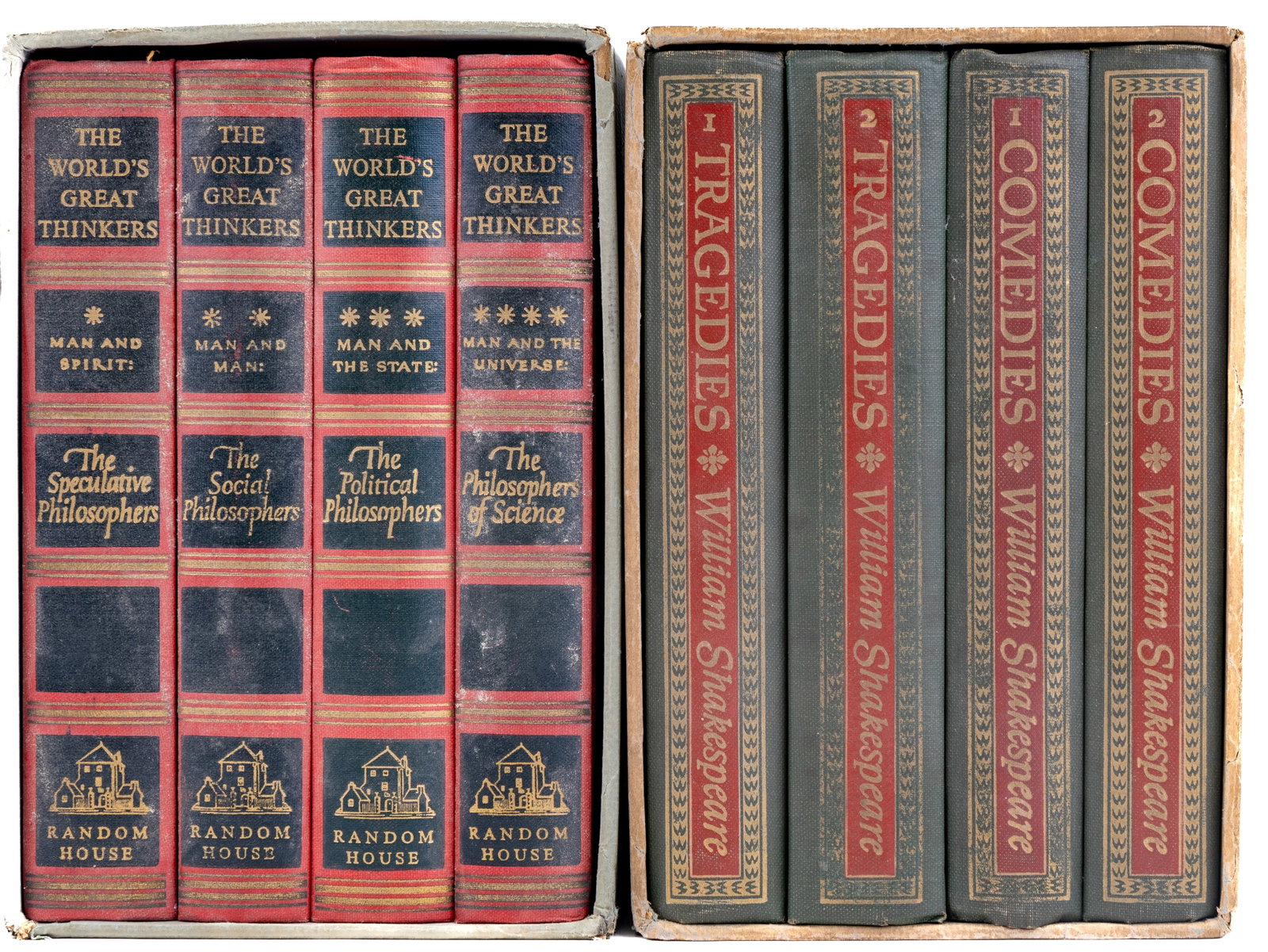 Vintage Book Sets 1940s inclu Shakespeare: 1947 Random House four volume set of "The World's Great Thinkers" from Saint Augustine and Aquinas to Kant and Nietzsche and more. There is also a 1944 four volume set of "Comedies and Tragedies of Sh