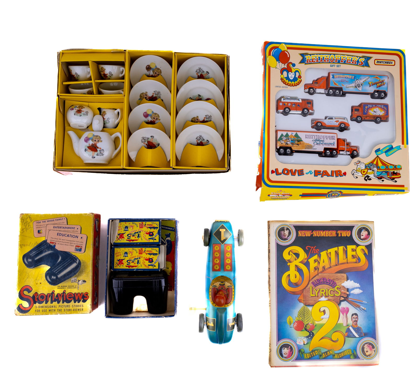 Vintage Beatles, Tin Litho, Matchbox, Other Sets: 1971 book "The Beatles Illustrated Lyrics, Children's porcelain Japanese tea set image girl and her cat in original box, "Stori-views" picture stories with 4 packs of pictures in original box, wind up