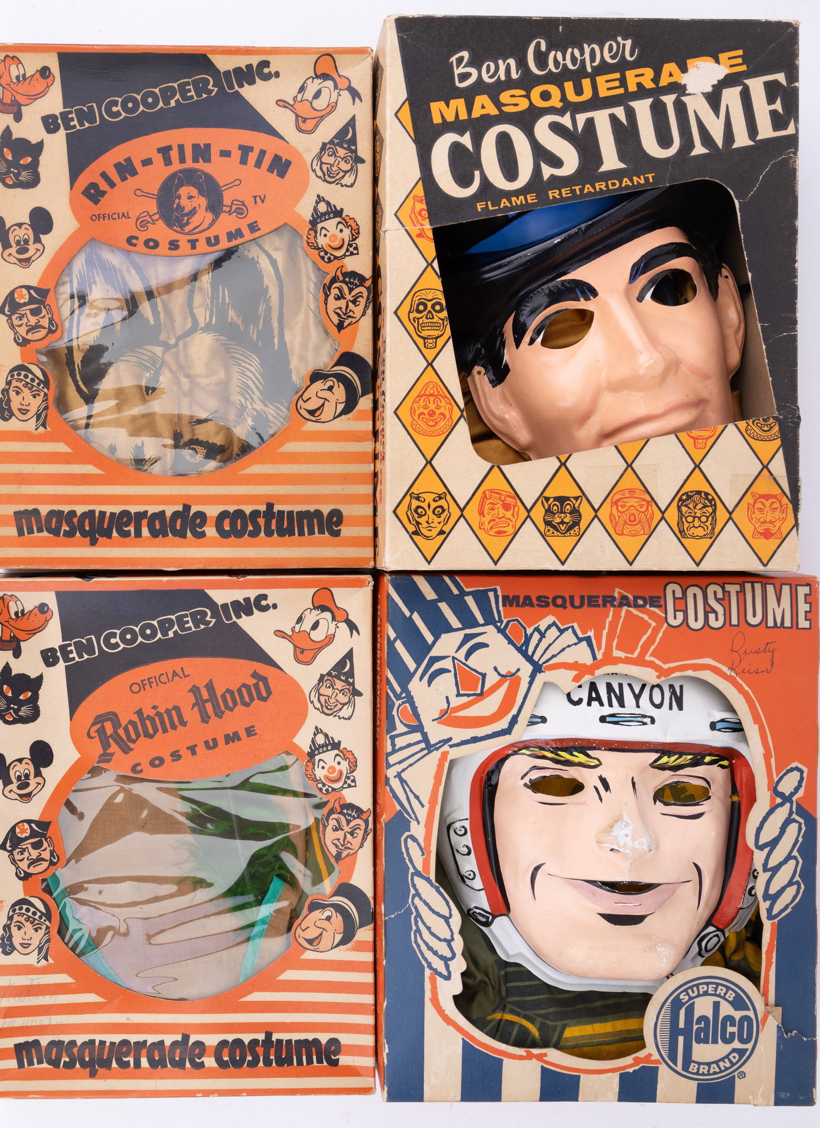 1930s Ben Cooper Masquerade Costumes, Masks: Four children's vintage 1930s era Halco masquerade / halloween costumes for Ben Cooper (S), Steve Cannon (L), Rin-Tin-Tin (L), and Robin Hood (L). All children's sizes.