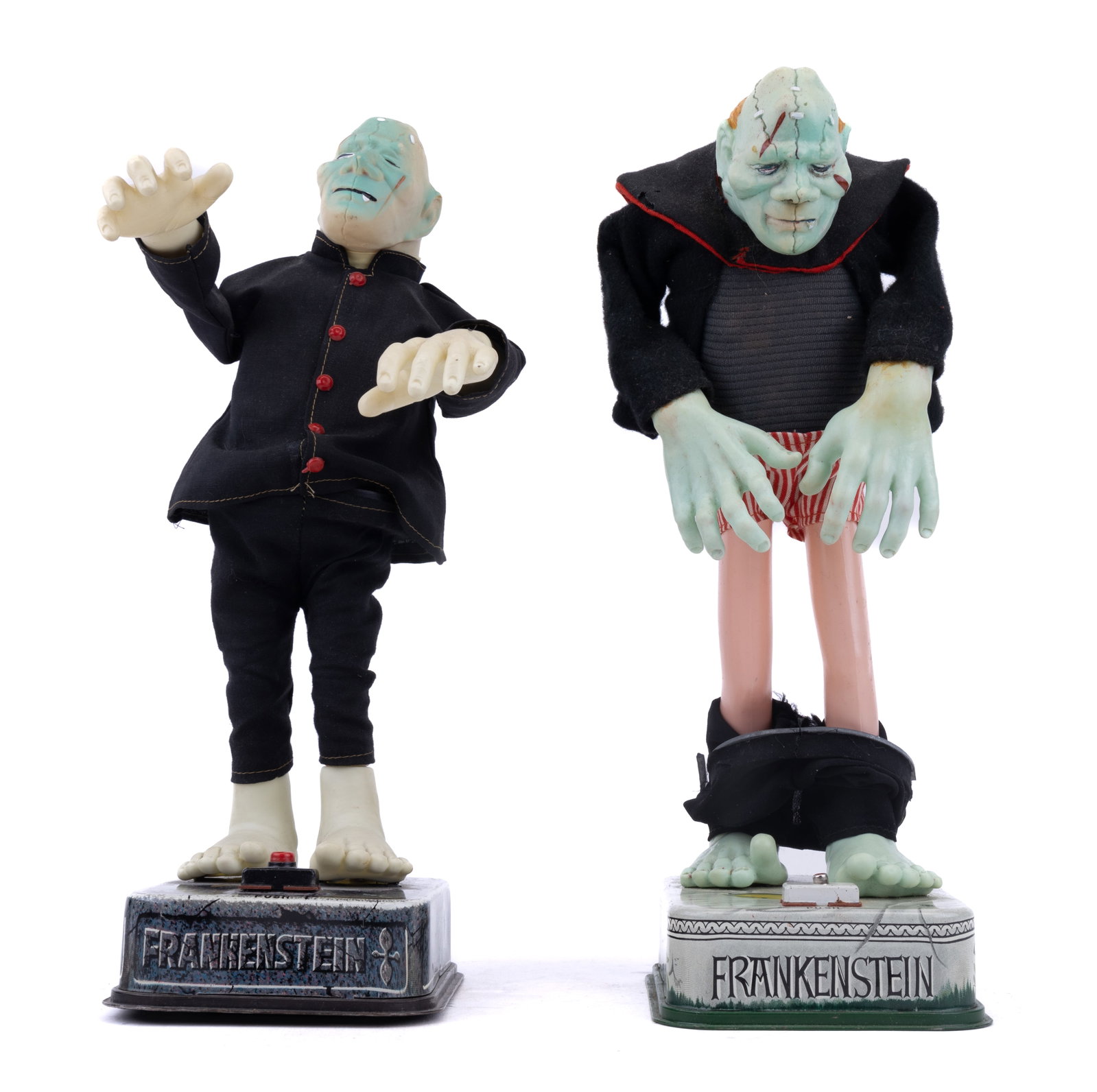 2 Japanese Tin Litho Frankenstein Toys: Two Japanese tin litho and rubber battery-operated Frankenstein toys. Marked TN on back. One Rosko Tested brand (box included). One untested, one non-functioning.