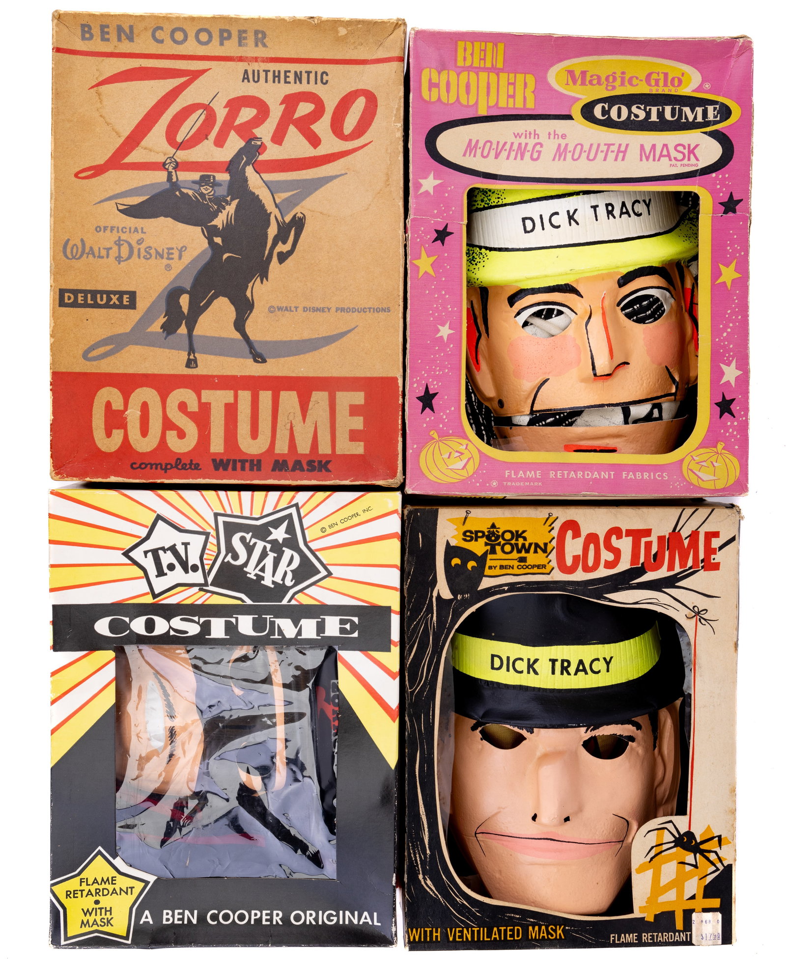 1930s-60s Ben Cooper Children's Costumes: 1930-60s vintage Ben Cooper Masquerade / children's costumes including TV Star Zorro (M), Ben Cooper Zorro (M), Dick Tracey (L), and Dick Tracey (S). All children's sizes. In original boxes.