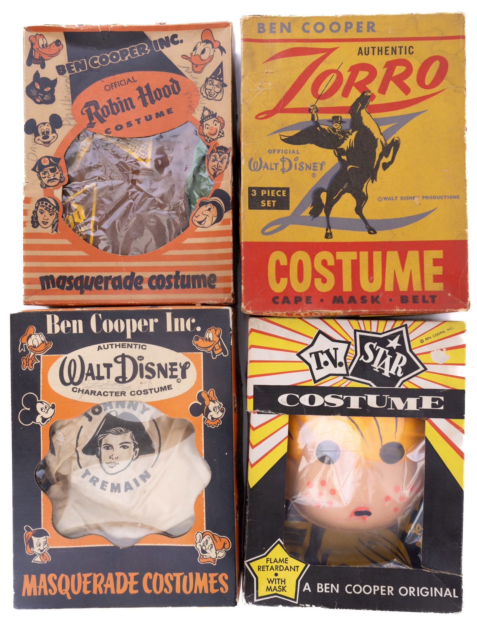 1930s-50s Ben Cooper Children's Costumes: 1930s-60s Walt Disney and Ben Cooper Masquerade vintage children's costumes including Dennis the Menace (M), Johnny Tremain, Robin Hood (M), and Zorro (L). All sizes children's. In original boxes.