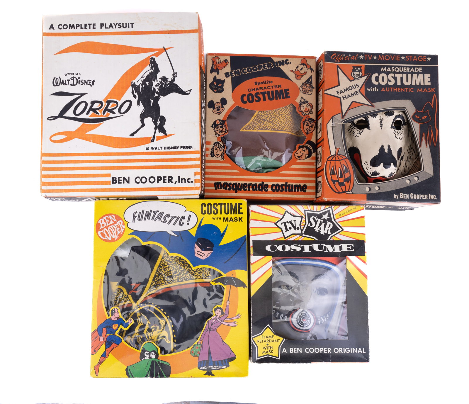 1930s-60s Ben Cooper Masquerade Costumes: 1930-60s vintage children's Ben Cooper masquerade costumes, including Rin-Tin-Tin (M), Col. McCauley (M), Robin Hood (L), and Zorro (2 - M&L). All sizes children's. In original boxes.