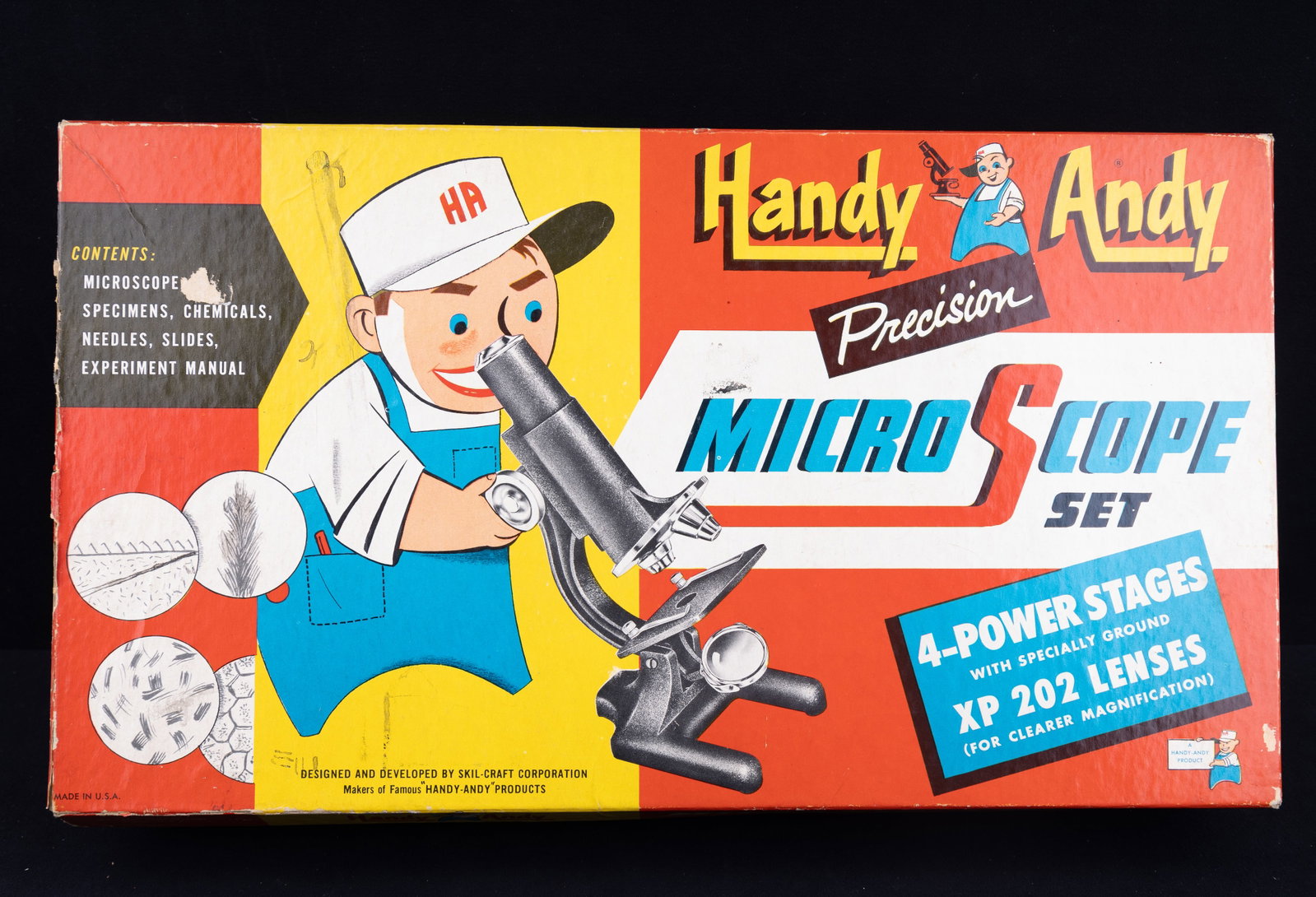 1950s Handy Andy Microscope Set: 1950s Handy Andy Precision Microscope Set. "4 Power Stages with specially ground XP 202 Lenses (for clearer magnification)." Toy, box, and original instructions included. Missing a few pieces; otherwi