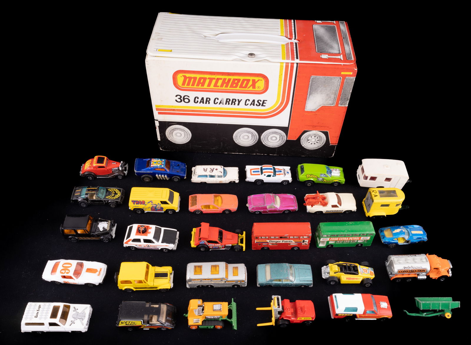 Vintage Matchbox Carrying Case & Var. Cars: 1978 Lesney Matchbox carrying case truck and 29 various / misc diecast cars including Matchbox, Hot Wheels, Ertl and more.