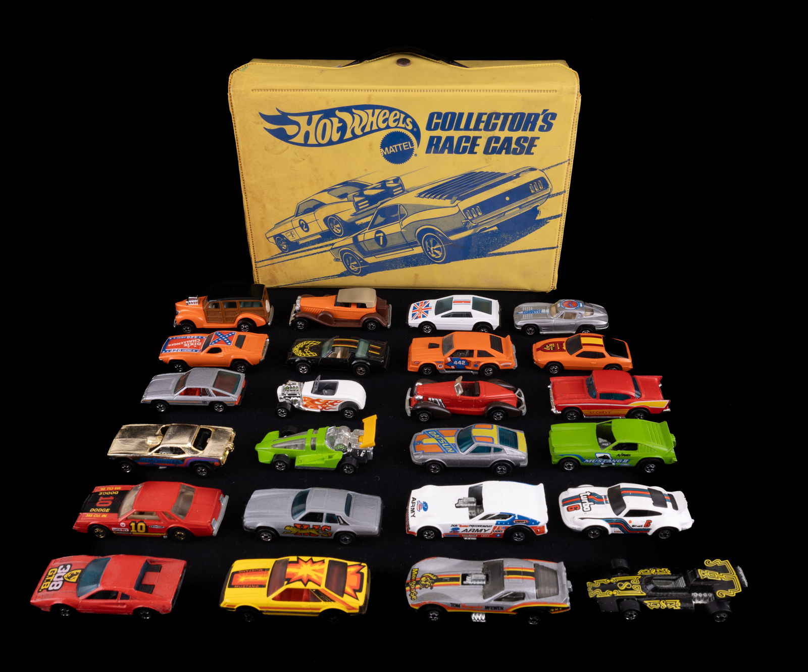 Hot Wheels Die Cast Cars & Collector's Case: 24 Hot Wheels diecast cars and Hot Wheels Mattel collector's race car case,