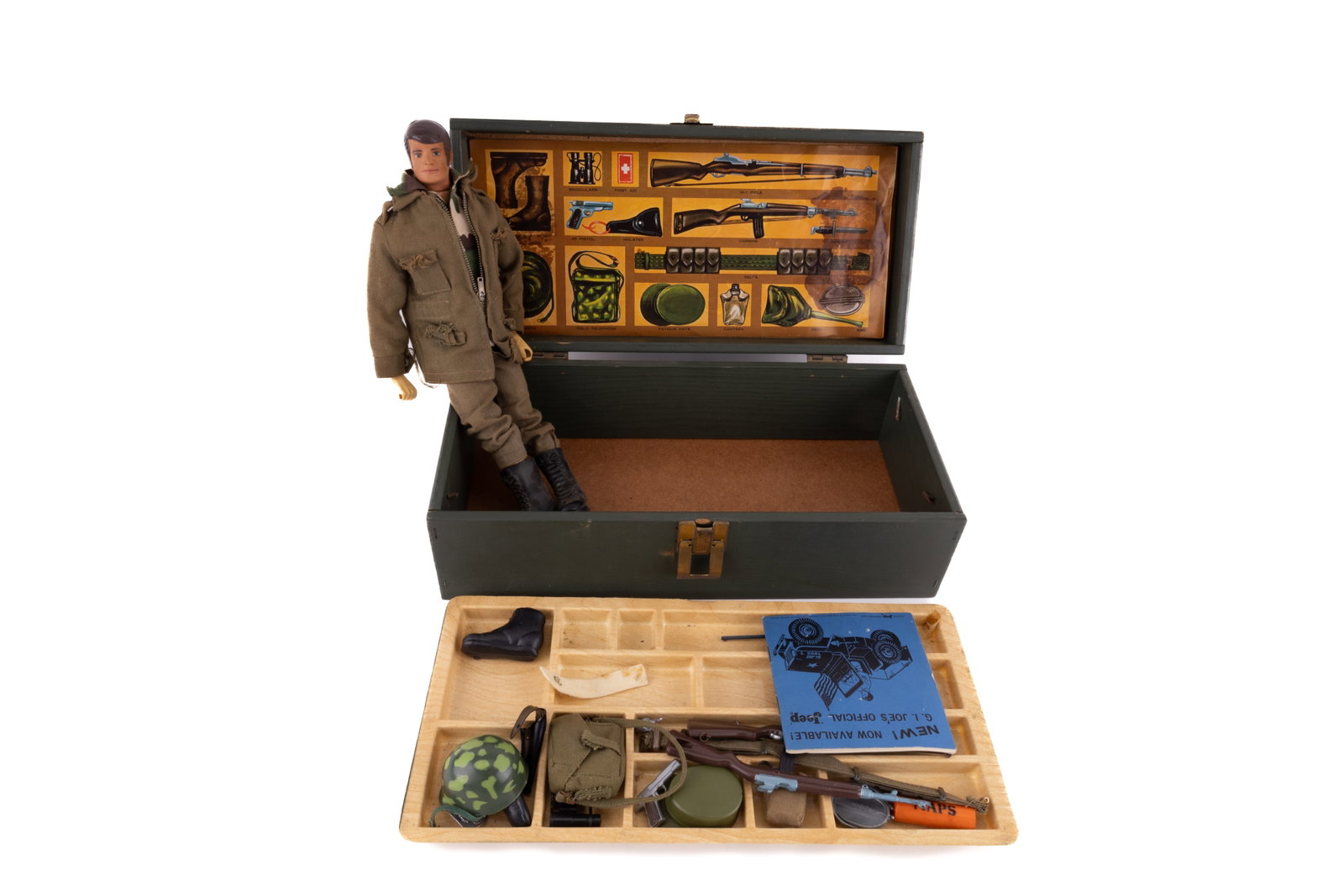 GI Joe Storage Box, Figure & Accessories: G.I. Joe wooden box holding G.I. Joe figurine in military uniform. Includes NM76-00 G.I. Joe Navy Manual along with accessories including guns, ammo, boots, ruck sack, binoculars, canteen and more.