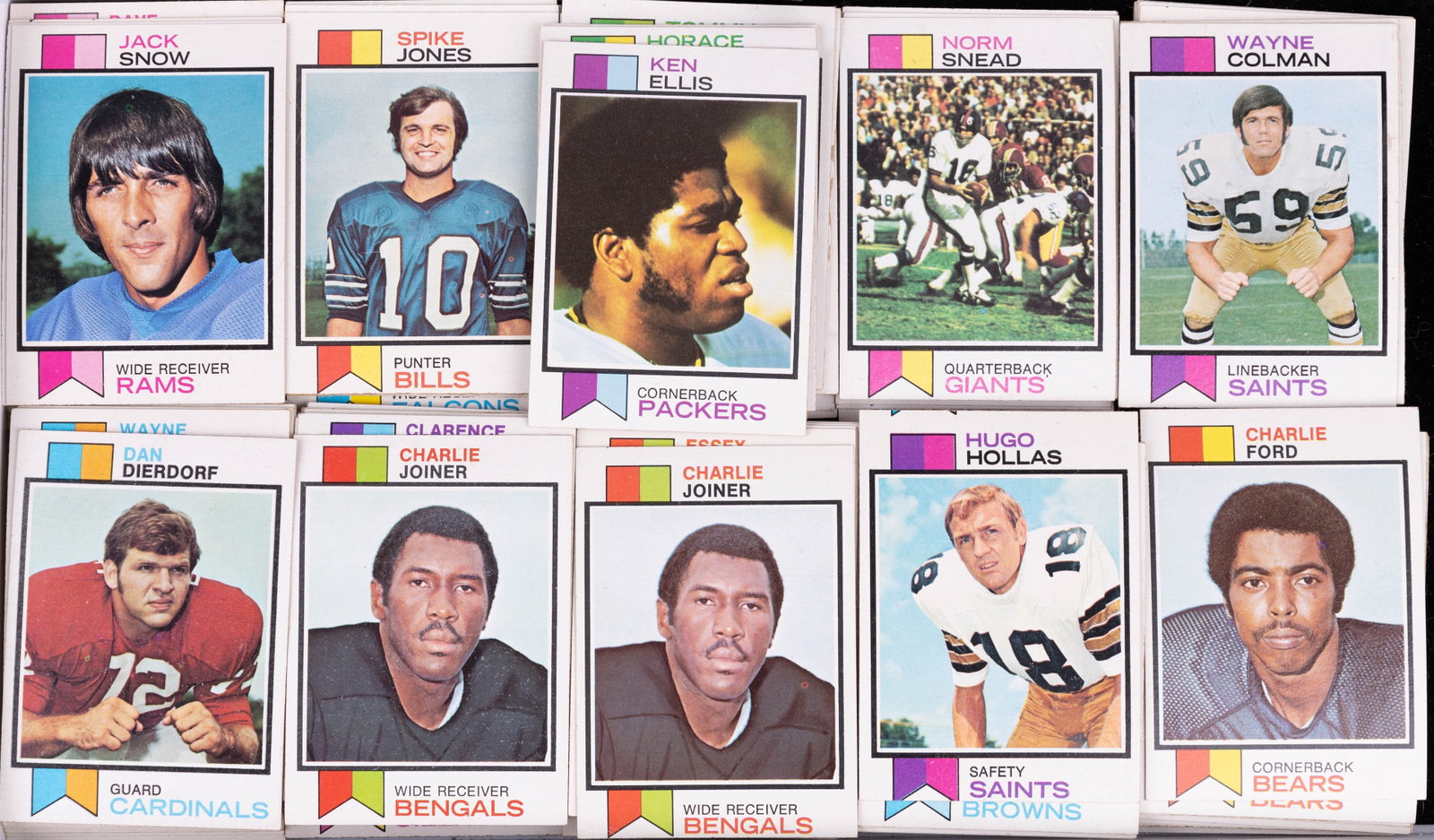 1971 Football Trading Cards: 130+ Topps football sports trading cards marked T.G.C. Teams including Saints, Bengals, Cardinals, Rams, Bills, packers, Giants and more.