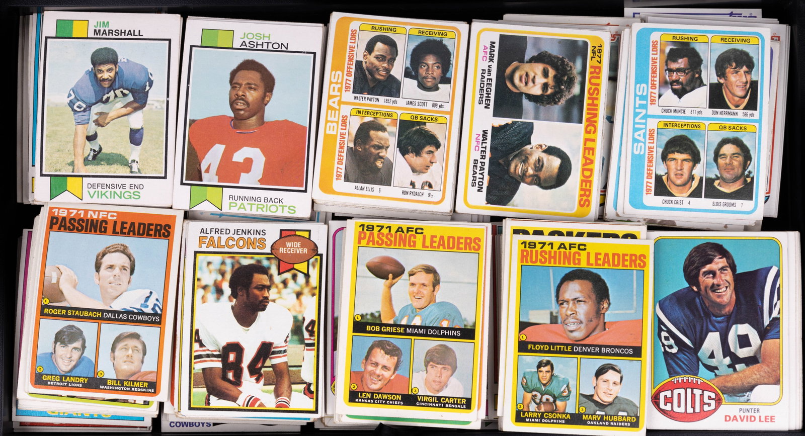 1970's Topps Football Trading Cards (250): 250 Topps football sports trading cards including teams Saints, Falcons, Colts, Bears, Patriots, Vikings and more.