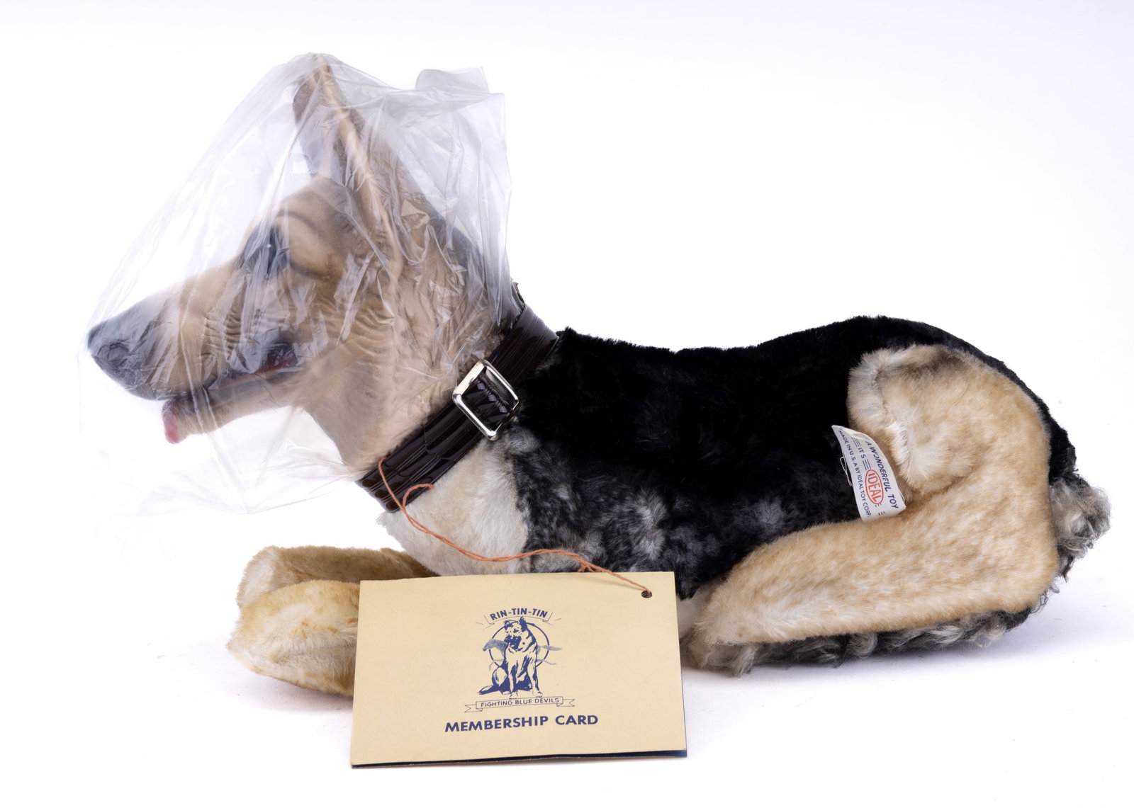 Rin-Tin-Tin Vintage Plush w/ Tag & Box: Plush rin-tin-tin dog in original box (#7883 on box) and dog has plastic over its head for protection with furry body and collar. Also comes with membership card for the Fighting Blue Devils, still at