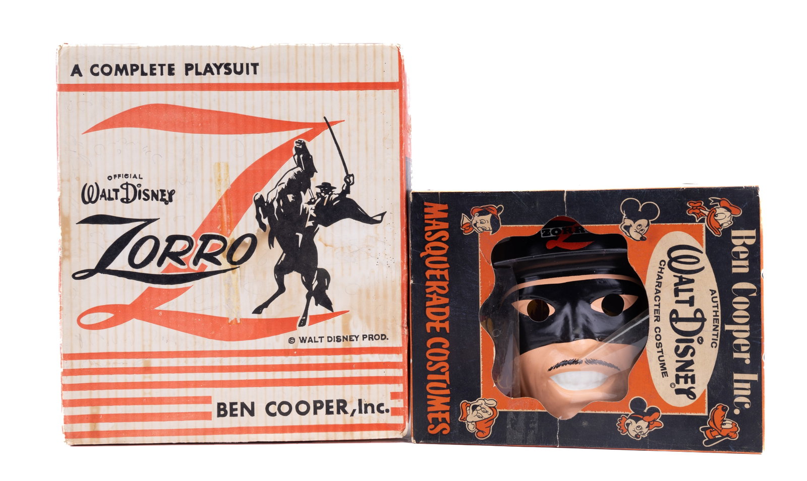 Zorro Walt Disney Vintage Halloween Mask & Suit: Produced by Ben Cooper, Inc as an official Walt Disney Zorro costume / Playsuit and mask as well as another Authentic Walt Disney Zorro character costume. Both in the original boxes and may not have b