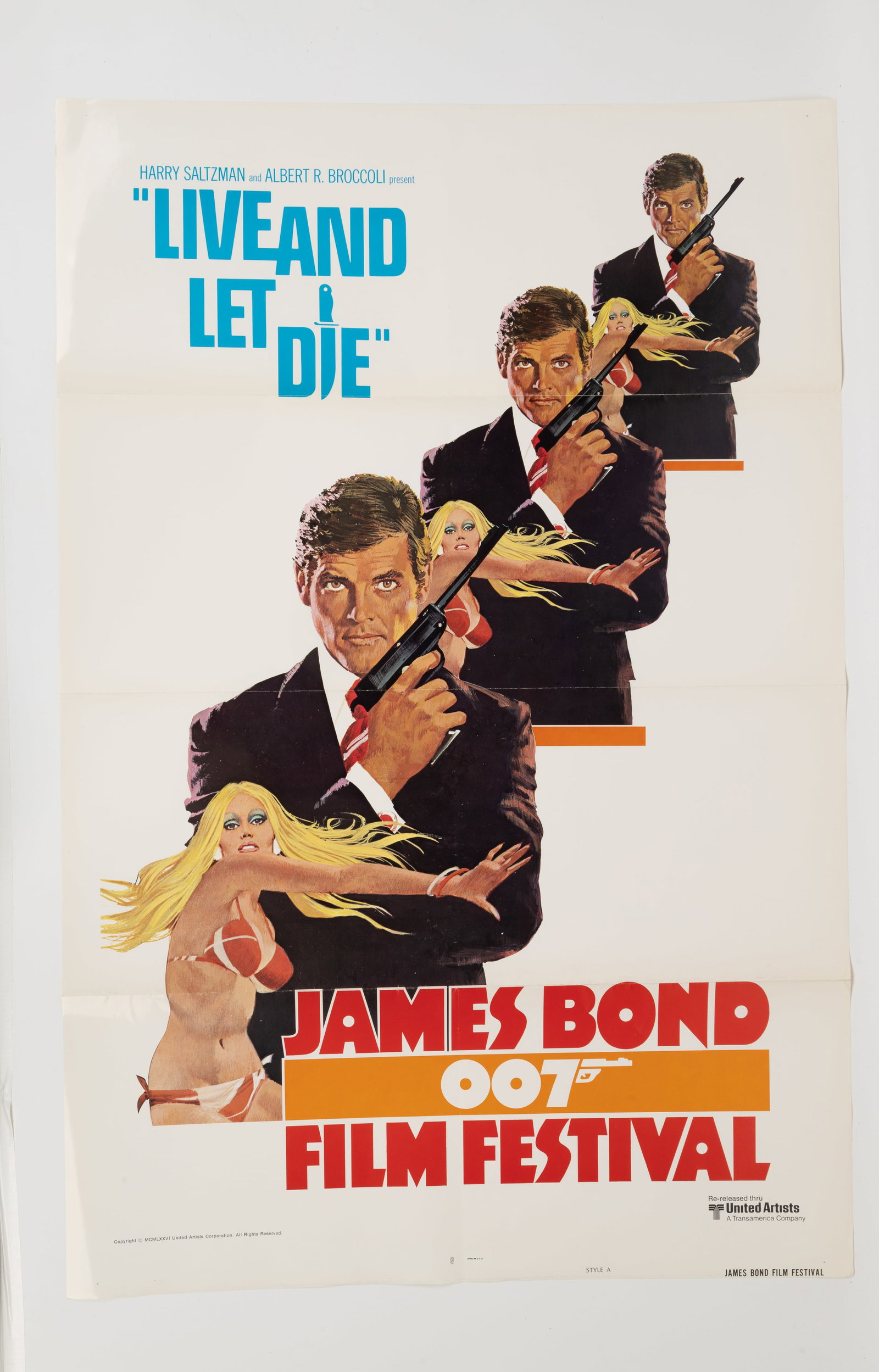 Vintage 1976 James Bond Film Festival Poster: James Bond Film Festival Live and Let Die (1976) US One Sheet poster, starring Roger Moore, folded, measuring approx 27" x 41". Good condition.