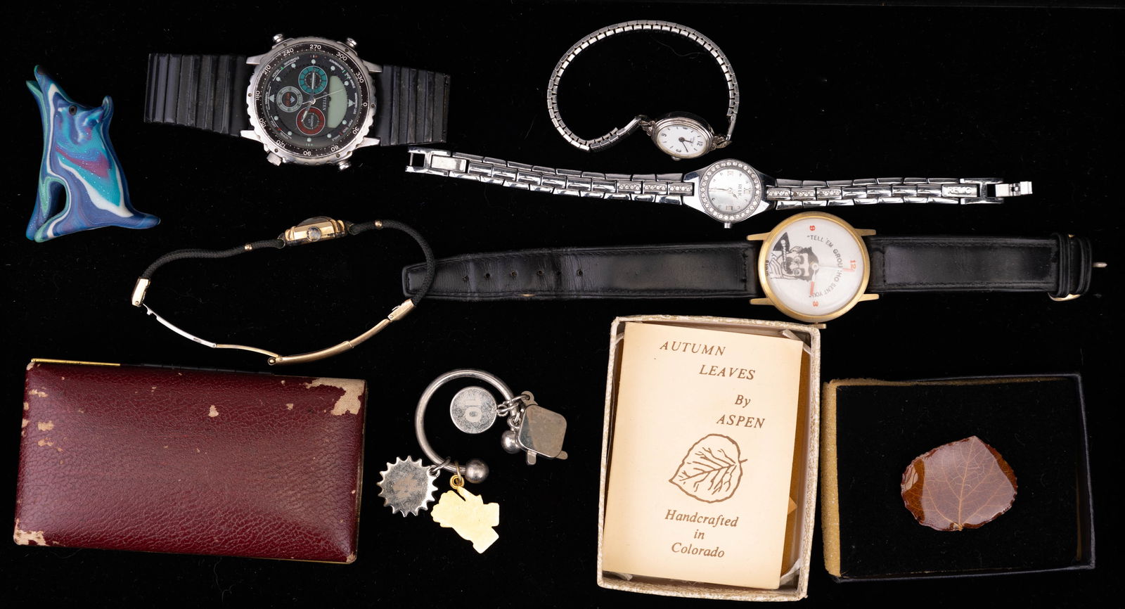 Watches, Brooches, & More: Variety of watches with names include Citizen, Lady Elgin, Caravelle, Relic and another. Also includes aspen leaf brooch hand-crafted in Colorado and more.