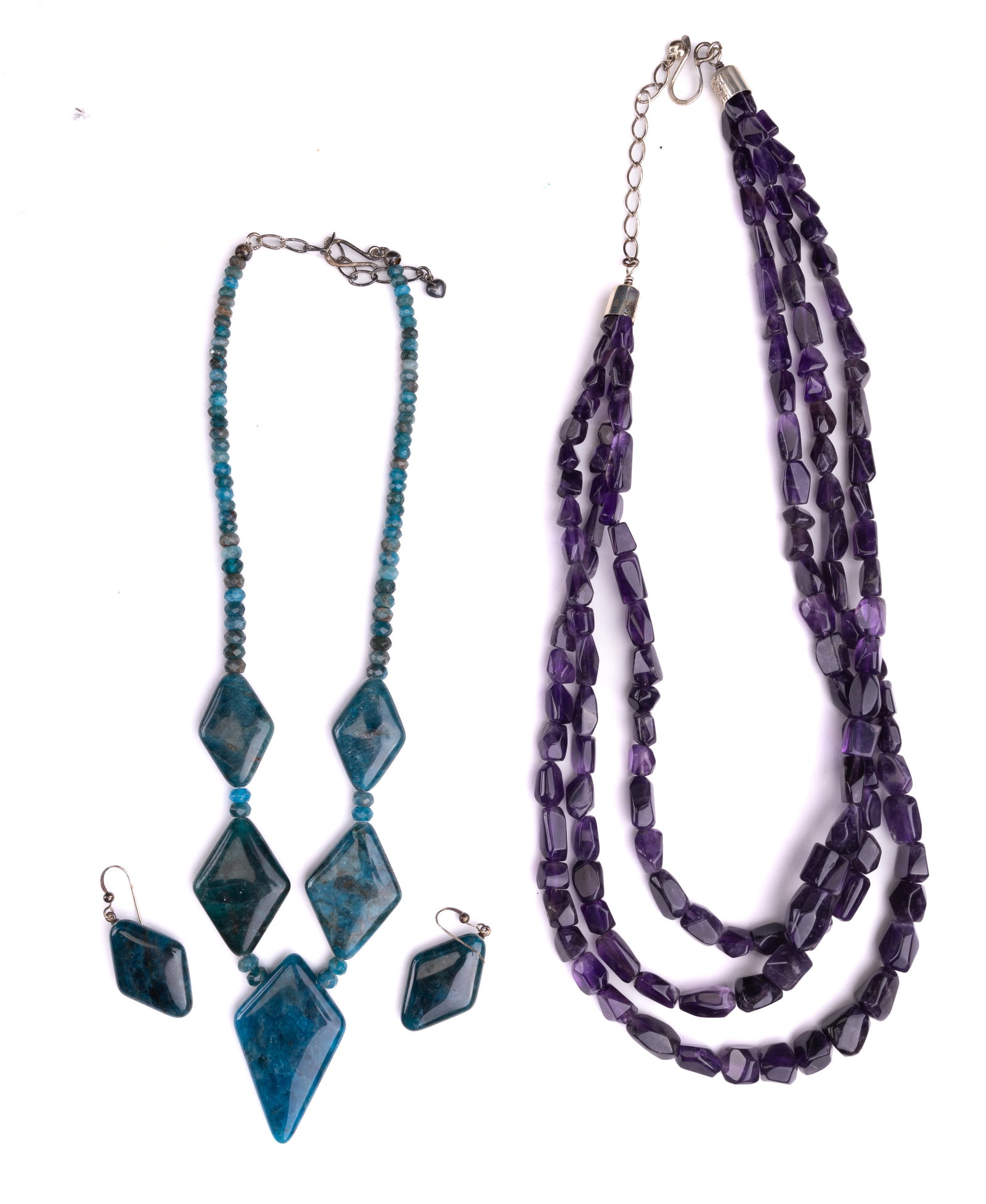 Sterling Silver Amethyst & Stone Necklaces: Includes an amethyst triple strand necklace with sterling closure and a blue stone necklace with matching earrings and sterling silver .925 findings.