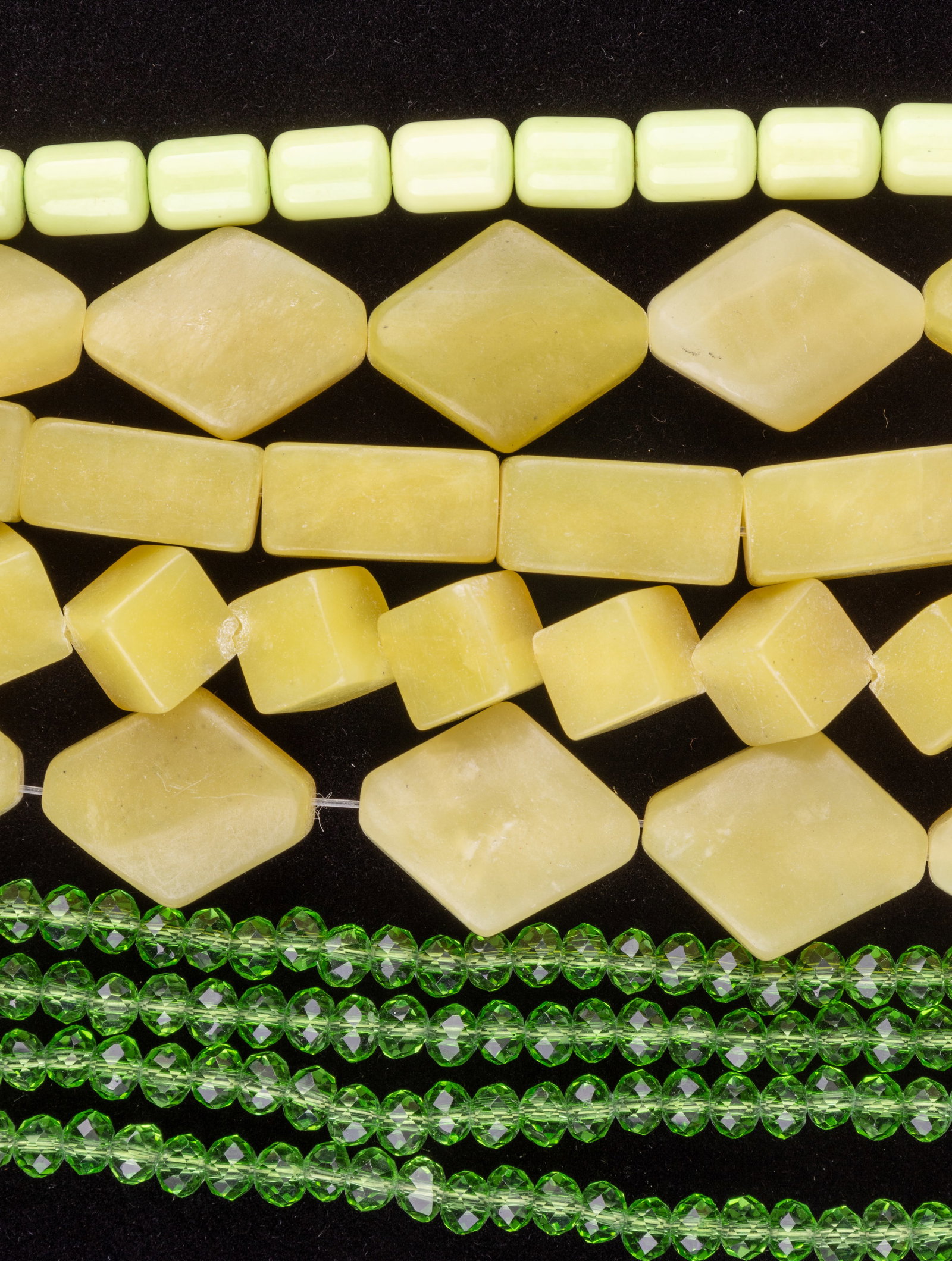Vintage Green Necklace & Lemon Yellow Strands: Green emerald hue quartz necklace and various lemon to lime strands with toggles.