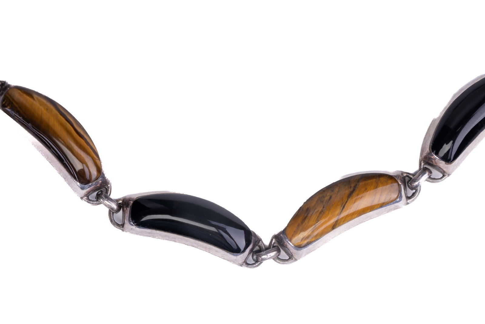 Tiger-Eye Sterling Signed Vintage Necklace: Sterling Mexican tiger eye onyx necklace marked CIT and 925.