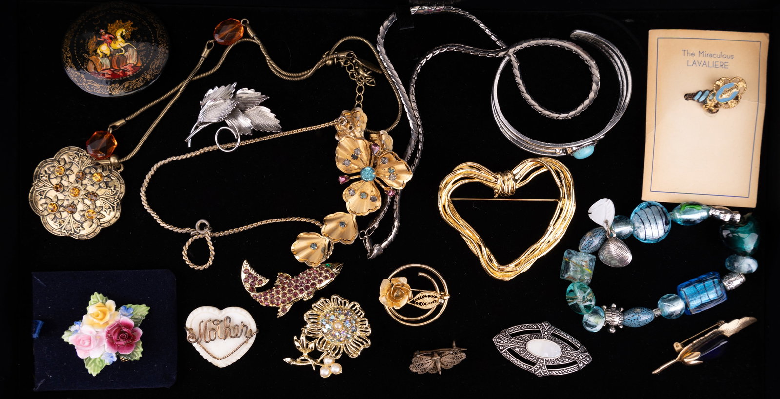 Vintage Estate Jewelry: Highlights include Russian paper mache Capodimonte and other brooches, turquoise style bracelet, necklaces and more.