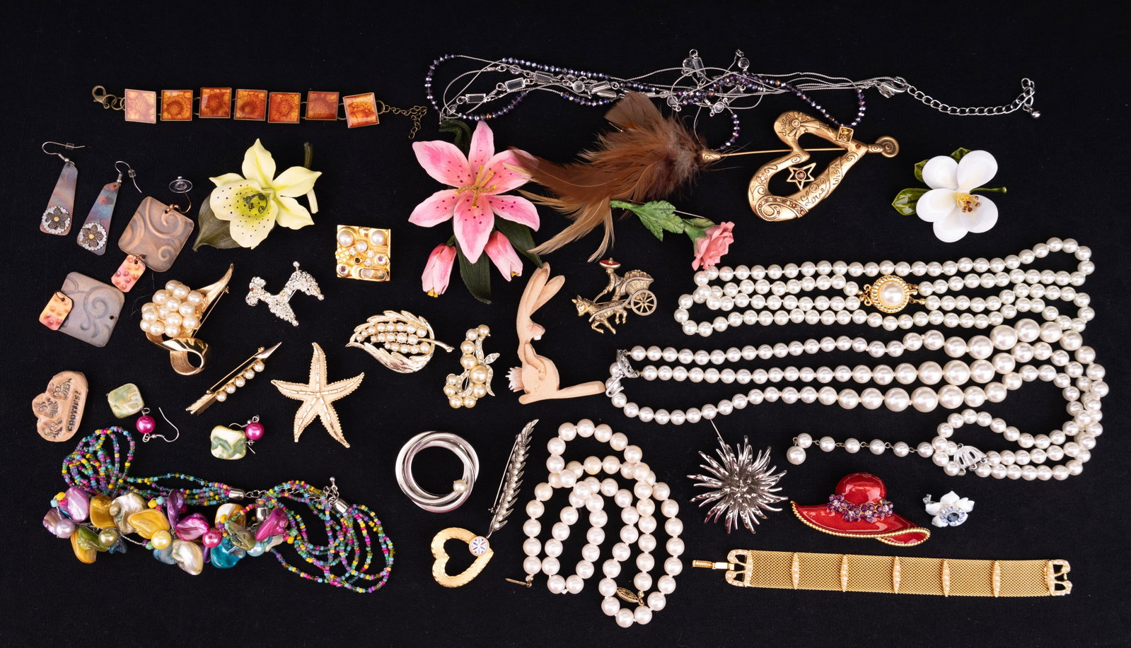 Vintage Estate Jewelry: Includes pearl style jewelry, leather donkey, poodle, floral, other brooches and more.