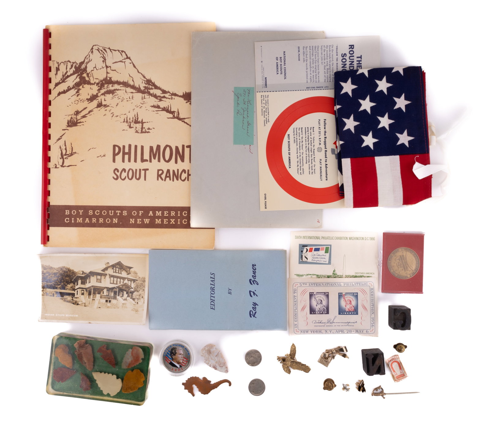 US Ephemera, Collectibles & More: Variety of United States items including Boy Scouts record, Philmont Scout Ranch New Mexico book of navigation maps, small US flag, United Space Alliance commemorative coin, George W. Bush commemorati