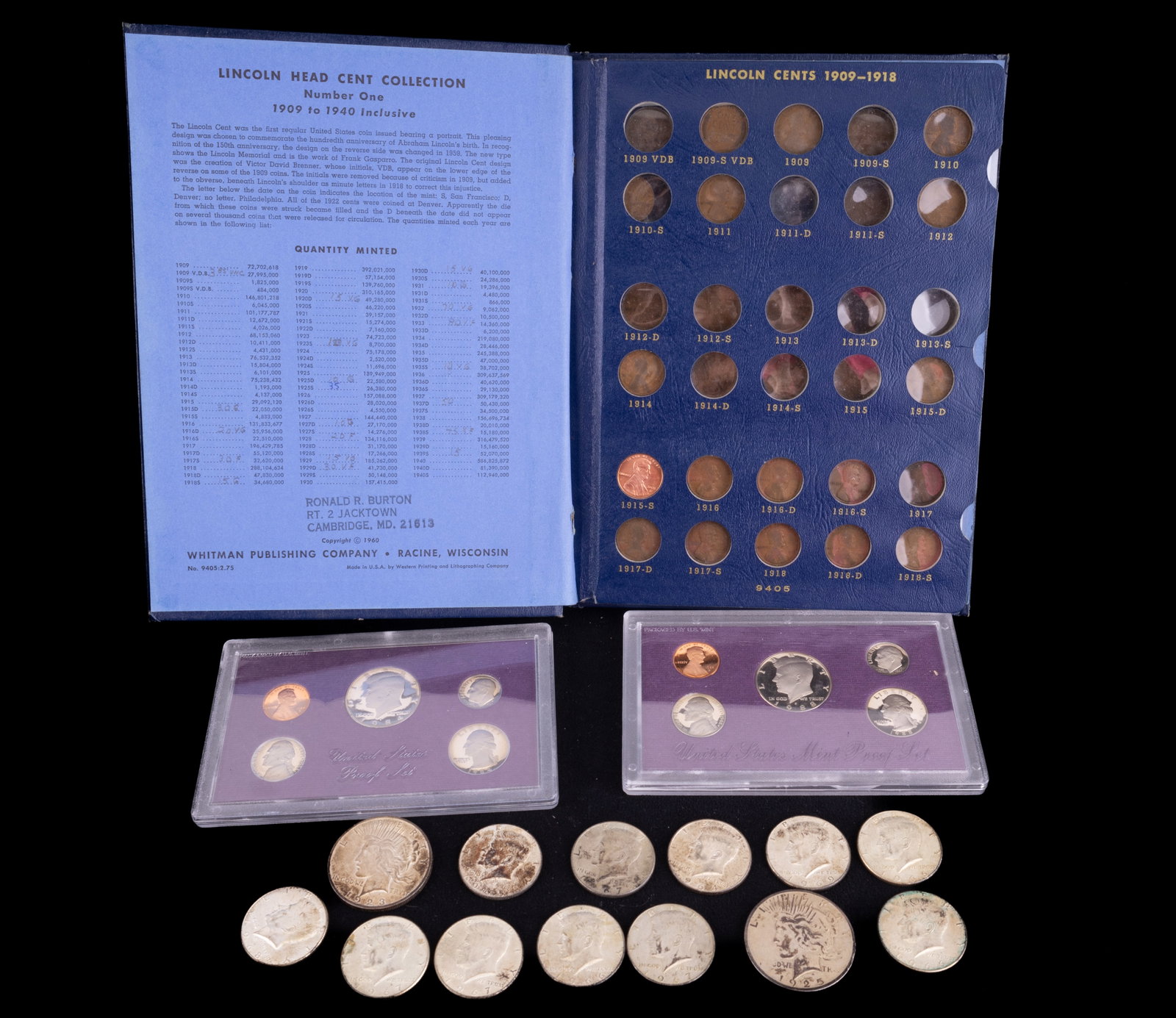 U.S. Peace Dollars, Kennedy, Pennies, Proof Sets: Two proof sets (one each of 1984 and 1988), book of 1909 - 1940 wheat pennies (approx 85% full), 2 peace dollars (1923 and 1925). Lot also includes Kennedy half dollars for years 1964, 1965, 1966 (3),