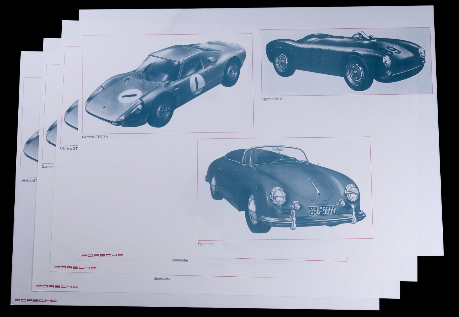 Porsche Posters for Carrera, Speedster, Spyder (4): Four Porsche posters, undated, for Carrera, Speedster, Spyder. All measuring approx 23" x 35"