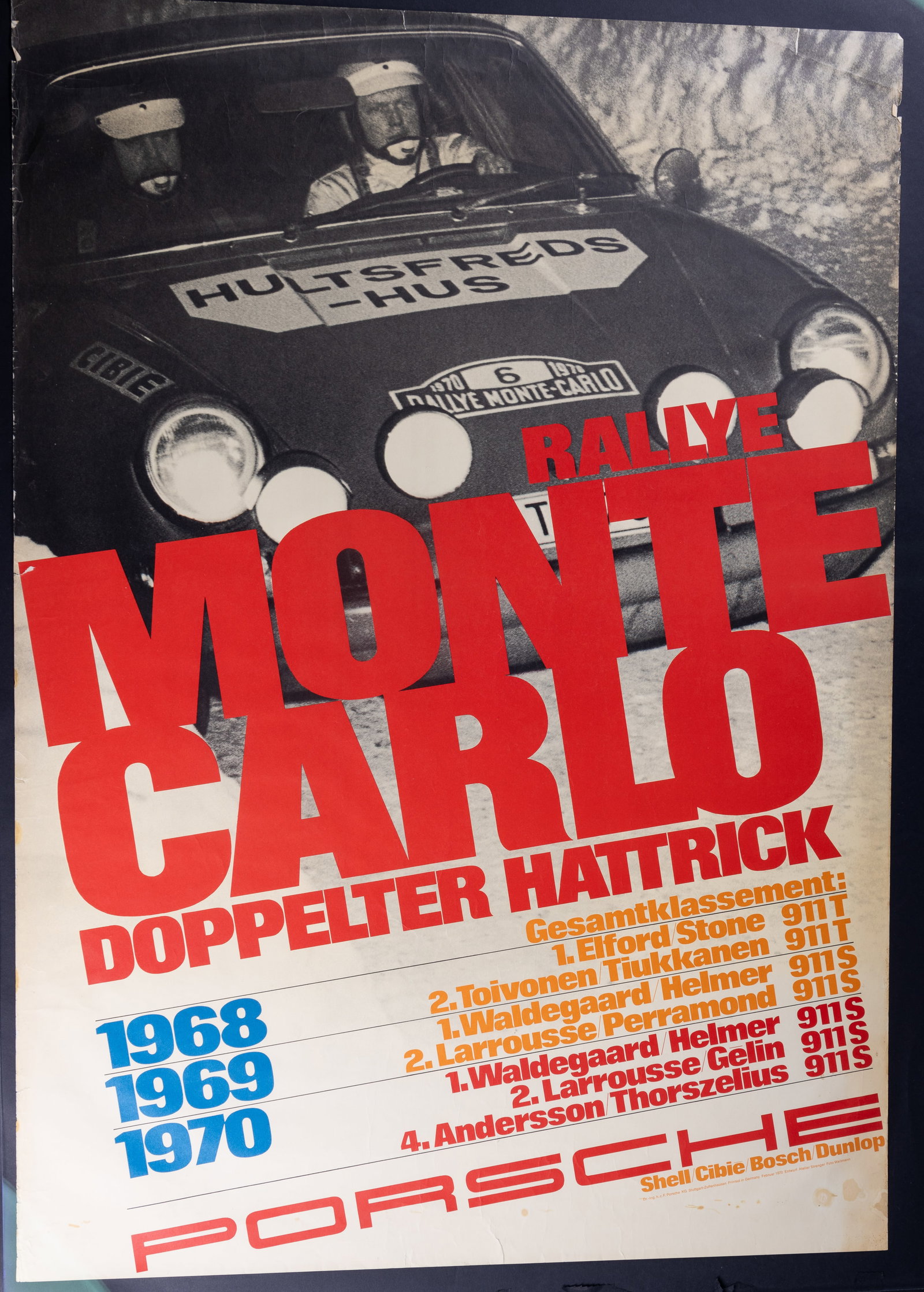 Vintage Porsche Monte Carlo Poster: 1970 Germany vintage poster for "Rallye Monte Carlo" for years 1968, 1969,1970 (approx 47" x 33"). Rough edges and paper slightly yellowed. See photos for more details.