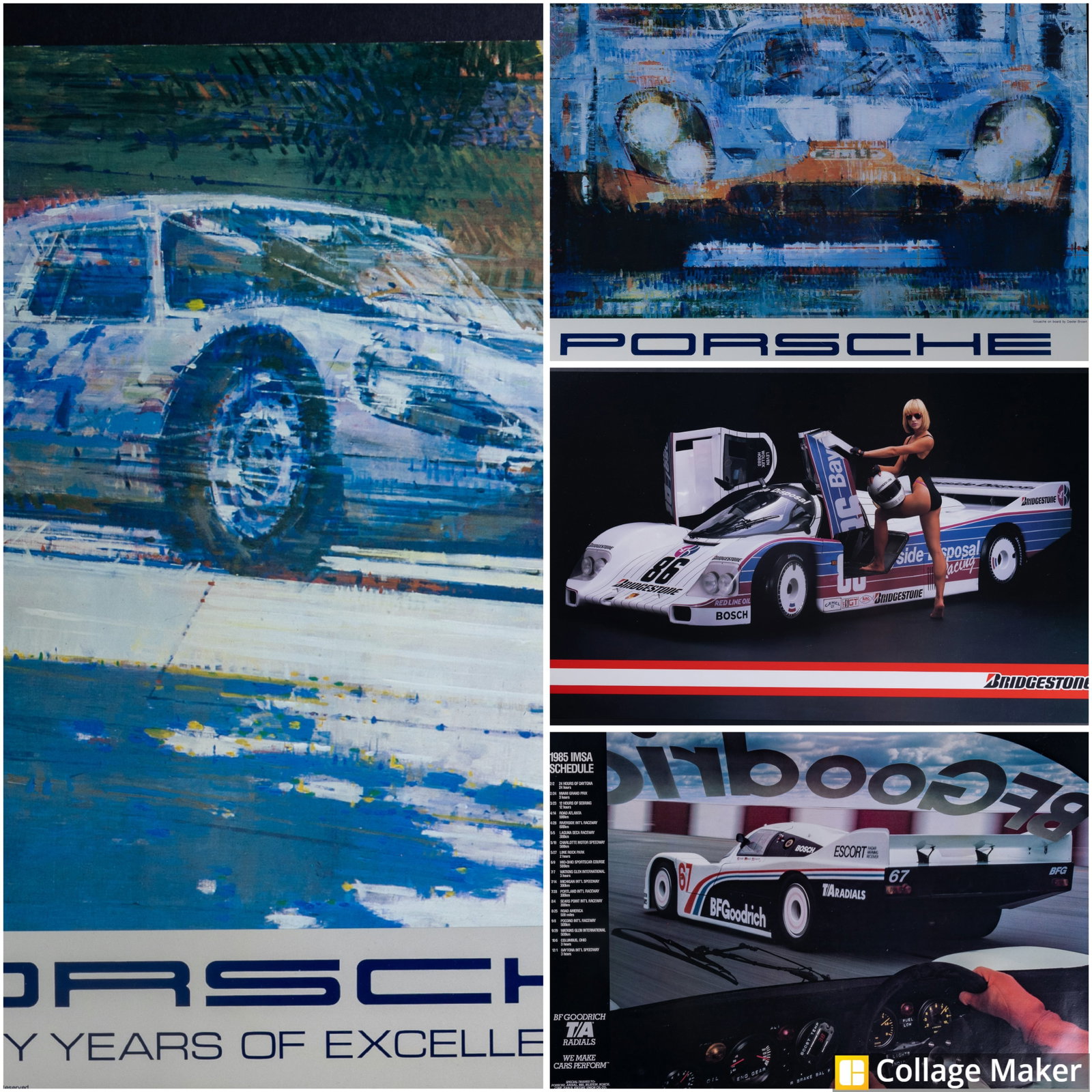 12 Porsche Posters, Mostly Vintage: 12 Porsche posters including (2) circa 1982 posters based off of Dexter Brown gouache on board (approx 19" x 22"), (3) Bridgestone Tires (approx 22" x 37"), (7) BF Goodrich 1985 (approx 24" x 36"). A 