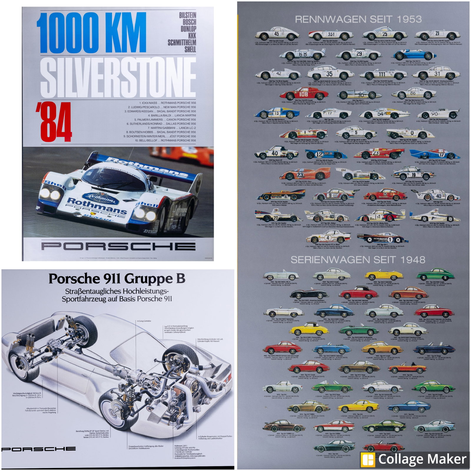 German Vintage Porsche Racing Posters (3): Three vintage Porsche posters including 1984 German "1000 KM Silvertone '84" Porsche racing poster (approx 30" x 40"), Rennwagen Seit 1953 and Sereiewagen Seit 1948 (approx 18" x 24") and Porsche 911 
