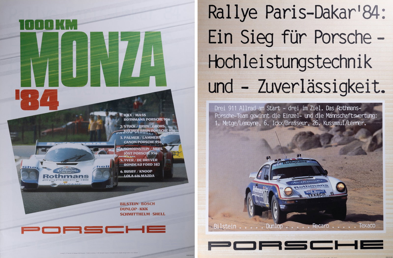 1984 Monza & Paris / Dakar Porsche Racing Posters: Two 1984 posters including 1000 K Monza and Paris - Dakar Rally poster. Both measure approx 40" x 30".