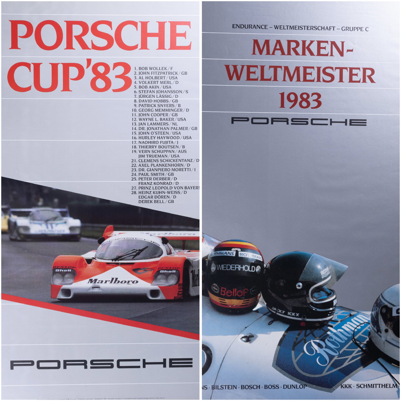 1983 German Porsche Cup Vintage Racing Posters (2): 1983 vintage German poster for Porsche Cup '83 and Marken Weltmeister 1983 Porsche original racing posters. Both measure approx 40" x 30". See photos for more details.