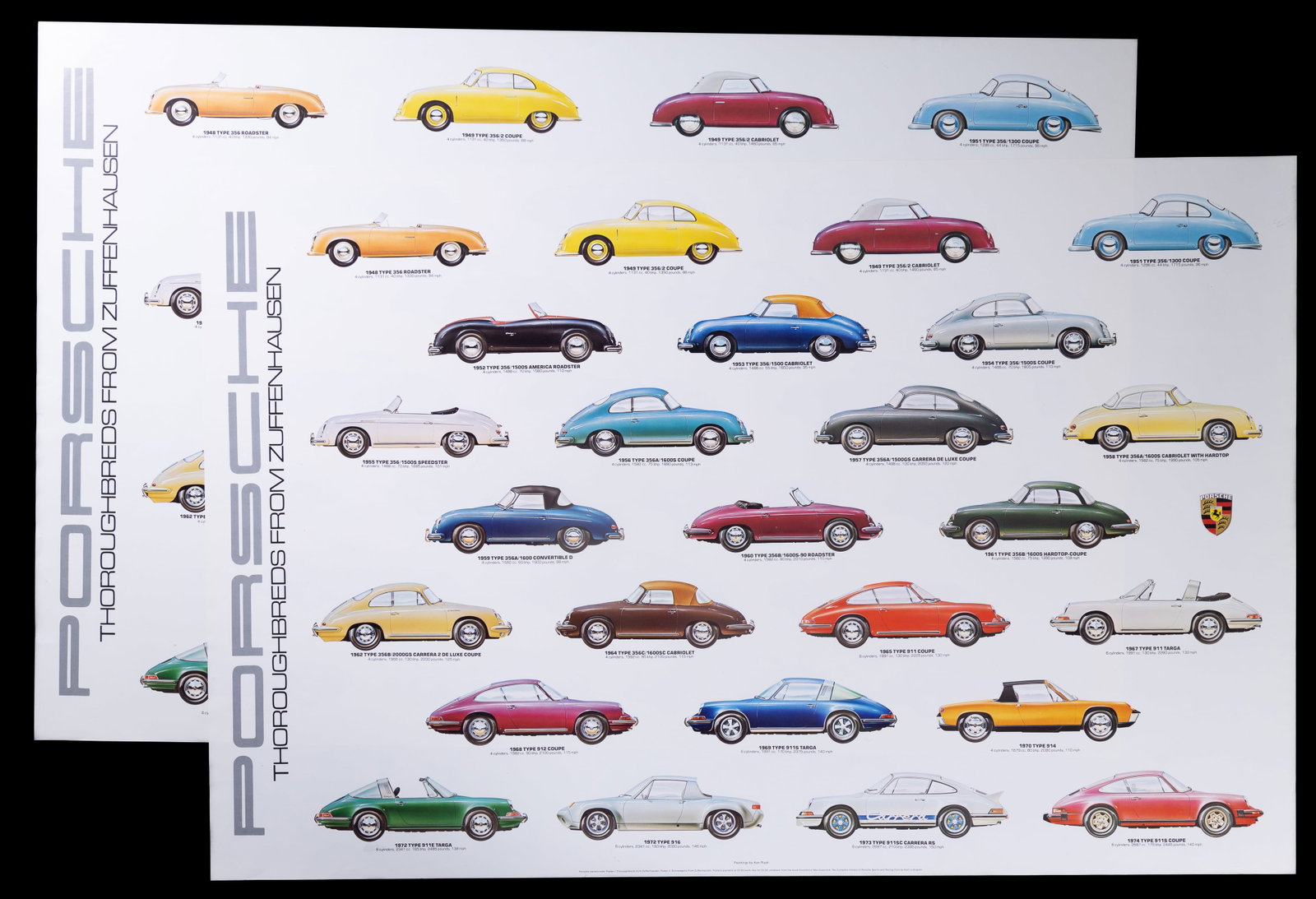 Porsche Thoroughbreeds Zuffenhausen Poster: Two posters for Porsche Thoroughbreeds from Zuffenhausen (approx 25" x 38") based on paintings by Ken Rush. No date.