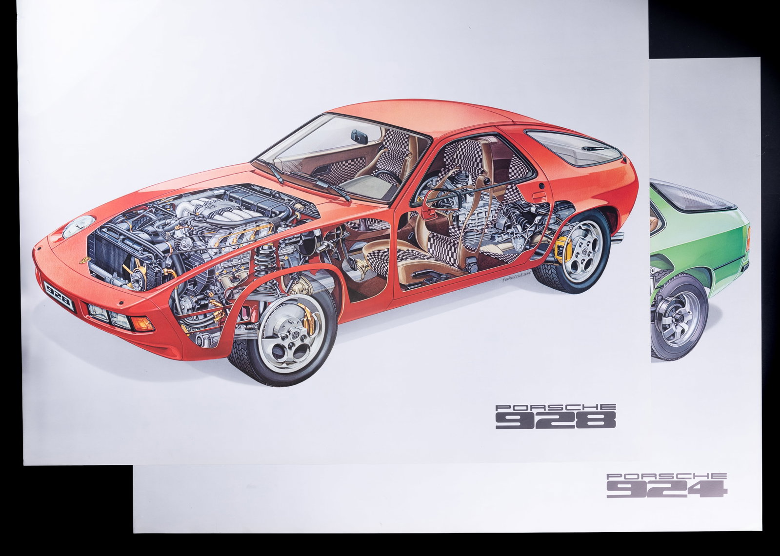 Porsche 928 & Porsche 924 Technical Posters: Two Porsche posters with technical designs for Porsche 928 and Porsche 924. Both measure approx 30" x 40"