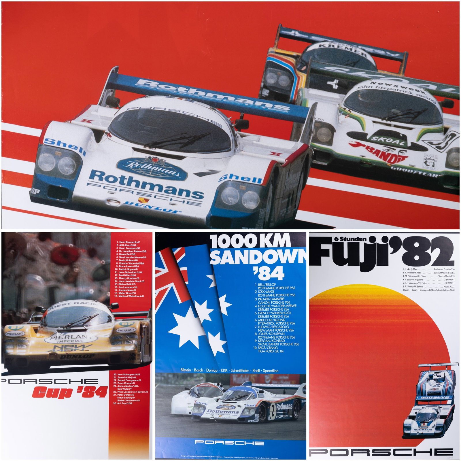1980s Porsche Cup & Other Porsche Racing Posters: Four Porsche racing posters including 1984 Porsche 1000 km Sandown '84 racing poster, 1000 KM Mosport 1984 Porsche racing poster, 1982 Fuji 6 Studden and Porsche Cup 1984 printed in Germany. All appro