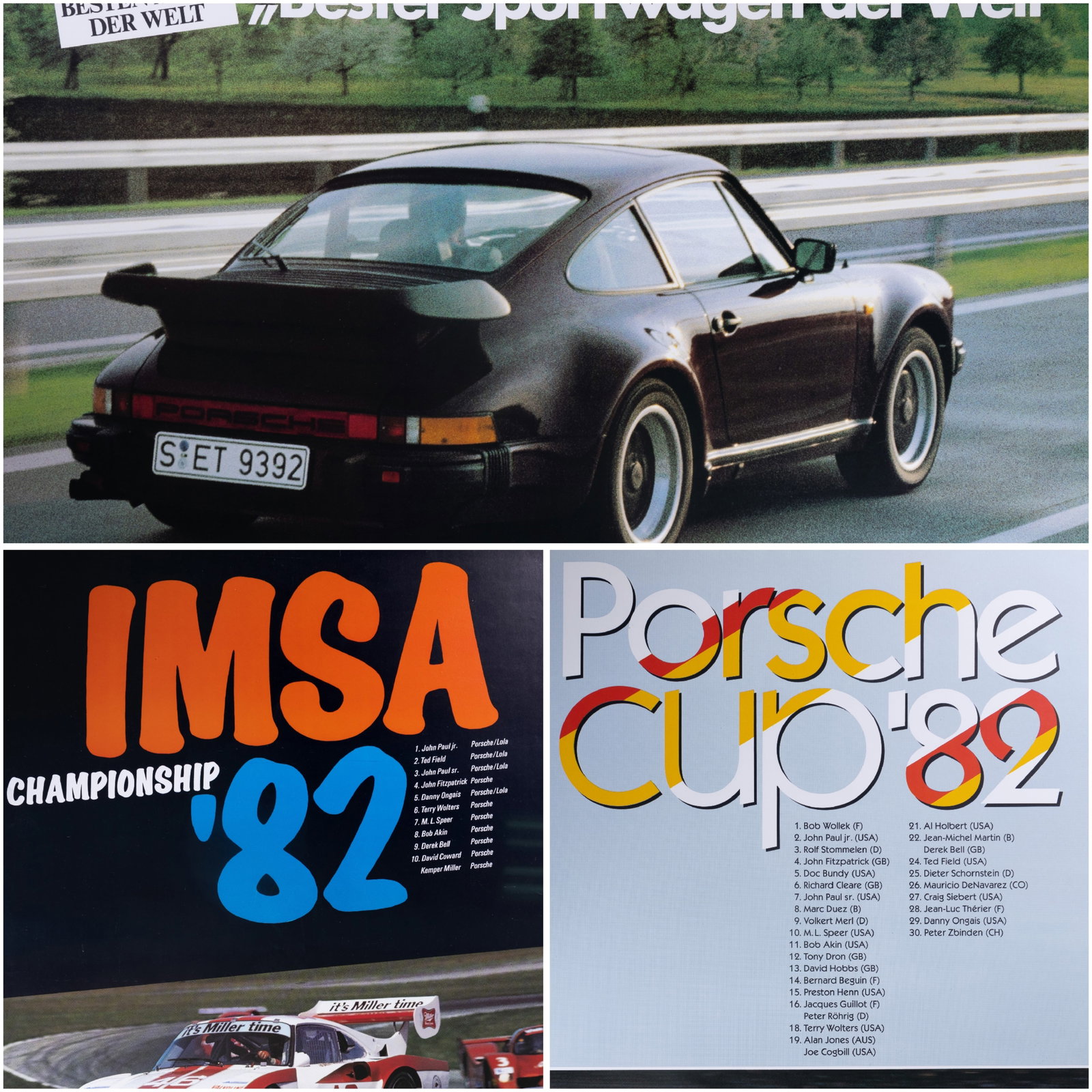 1980s Porsche Posters (3): 1982 vintage Porsche posters for IMSA Championship and another for Porsche Cup. There is also a Porsche 911 turbo Leserwahl '83. Edges have minor wear. See photos for more details.