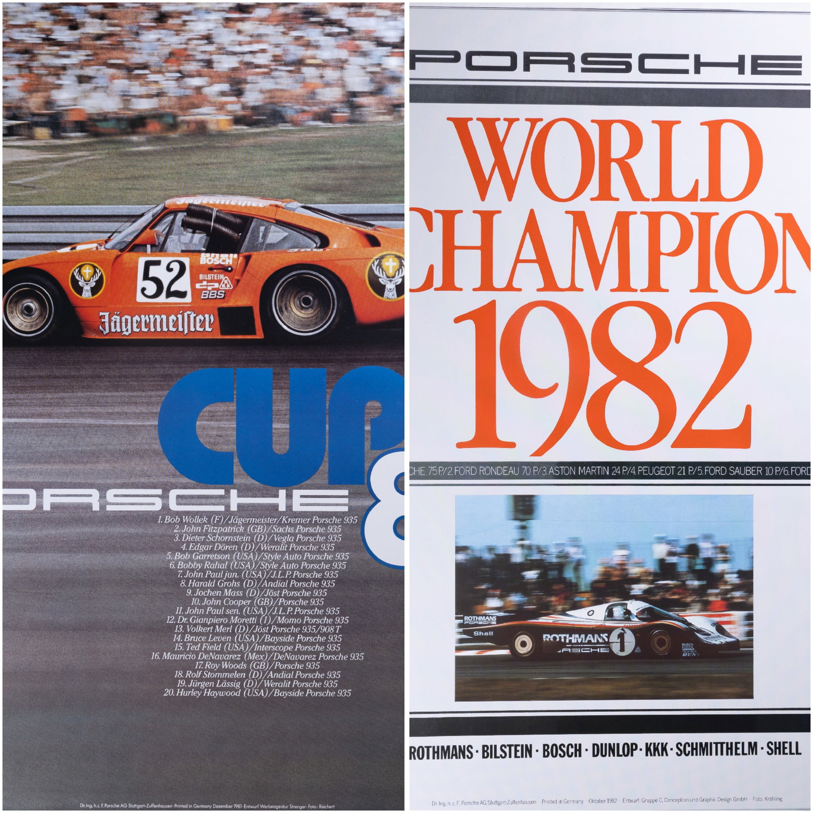 Vintage Porsche Cup & World Champion Posters: Two posters including 1981 Porsche Cup printed in Germany and 1982 Porsche World Champion posters measuring 30" x 40". Good condition. See photos for more details.