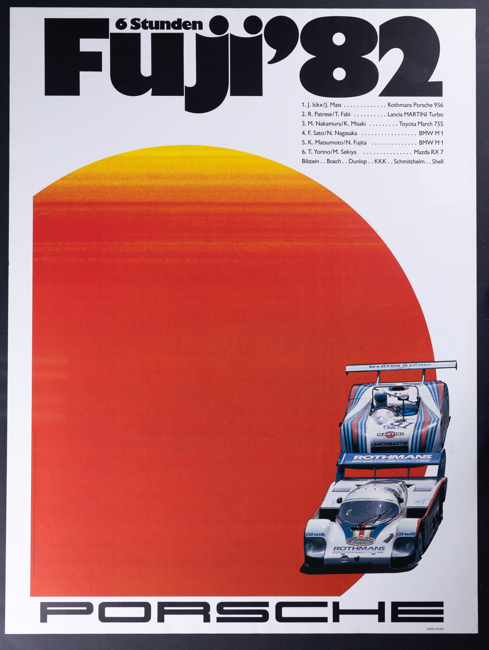 Porsche Fuji 1982 Stunden Poster: One 1982 Fuji 6 Studden Porsche poster measuring approx 30" x 40". Printed in Germany. Good condition.