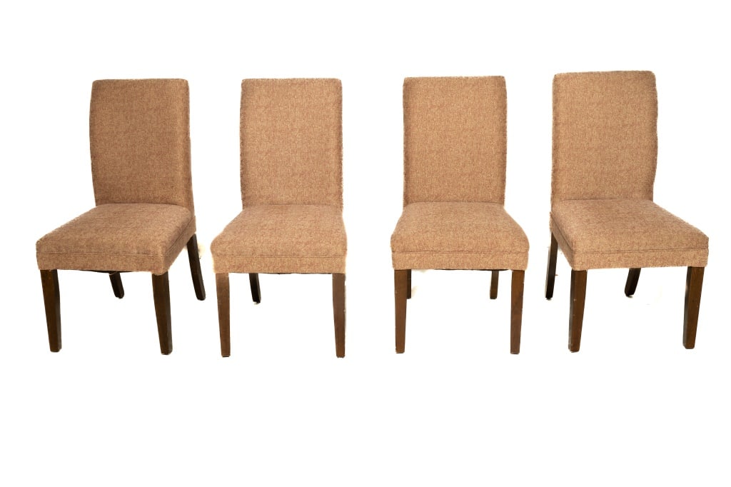 Set of 4 Dining Table Side Chairs: Sandstone pattern upholstery. Normal wear due to use.