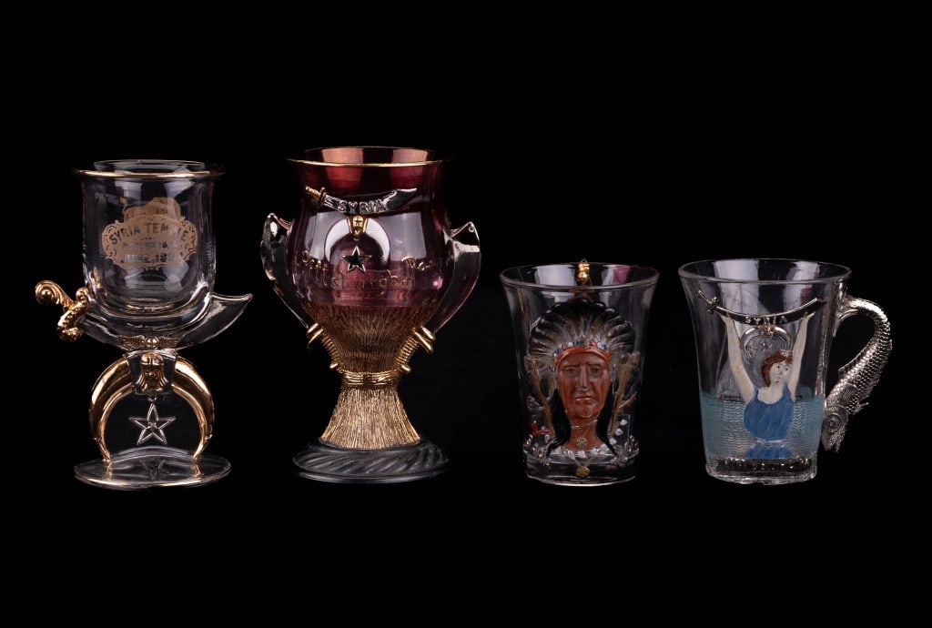 Antique Syria Shriner Glassware: Antique, collectible glassware made by Syria Shriners of Pittsburgh, Pennsylvania. Styles include Atlantic City (1904), St. Paul Minnesota (1908), Saratoga (1903). Syira temple, 1899, some loss due to