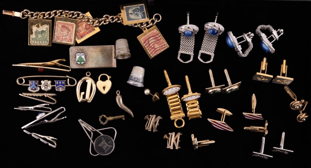 Thimbles, Cufflinks & Vintage Jewelry: Vintage gold tone and silver tone cufflinks and tie bars, stamp bracelet and more.