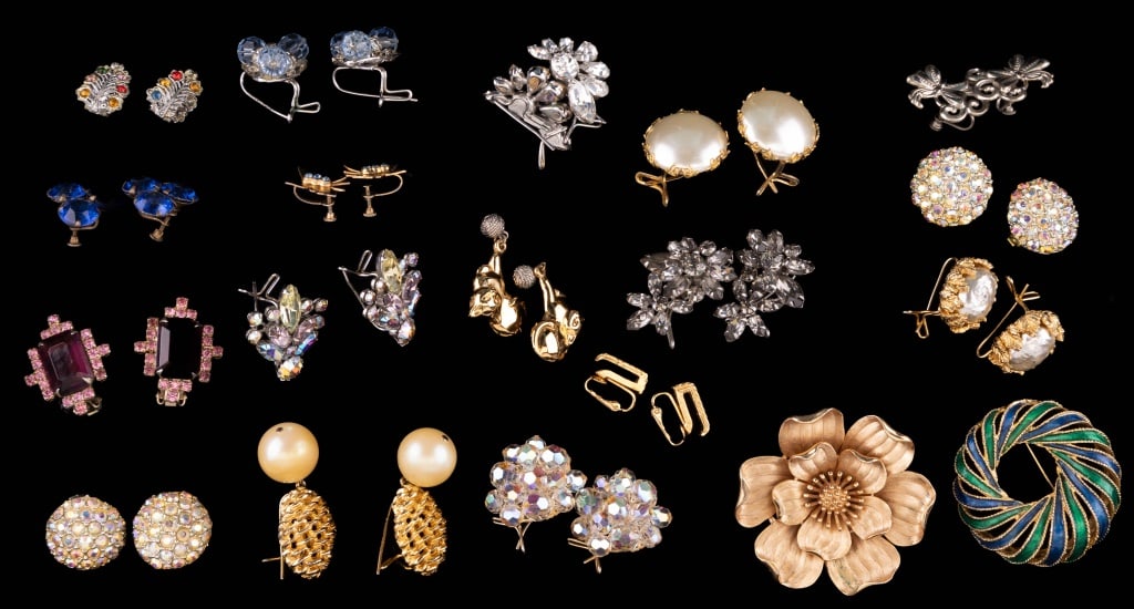 Trifari, Boucher & Vintage Estate Jewelry: Trifari includes large gold tone dogwood floral brooch, Boucher enamel green to blue brooch, Coro butterfly screw backs, sterling silver blue screw backs and other various styles of vintage earrings.